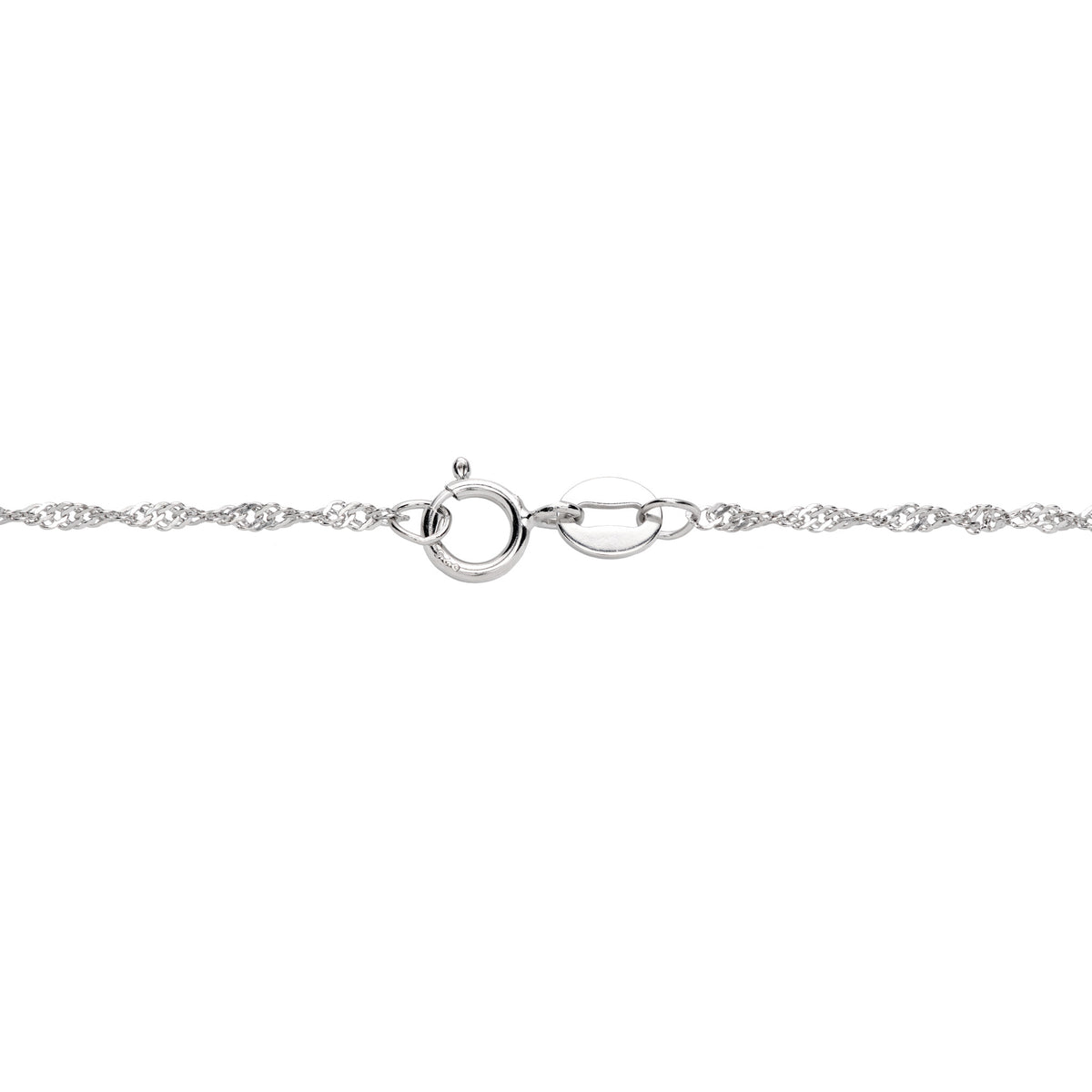 Detail shot of a sterling silver 0.6mm singapore chain with a O-ring clasp, shown on a white background
