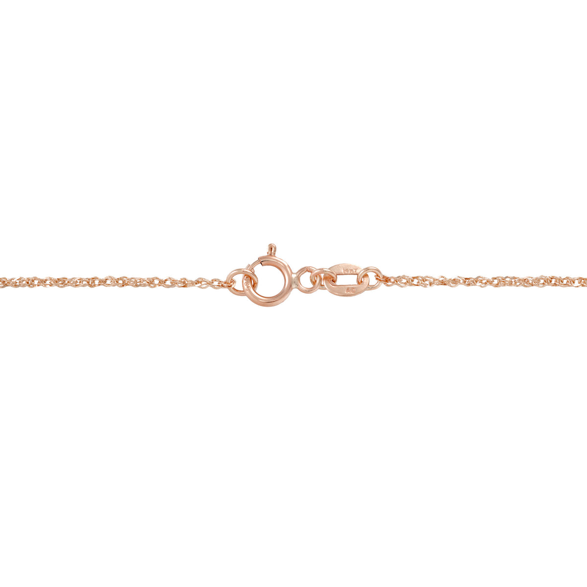 Close-up of a delicate 0.8mm baby rope 14k rose gold chain showing the O-ring clasp a solid white background.