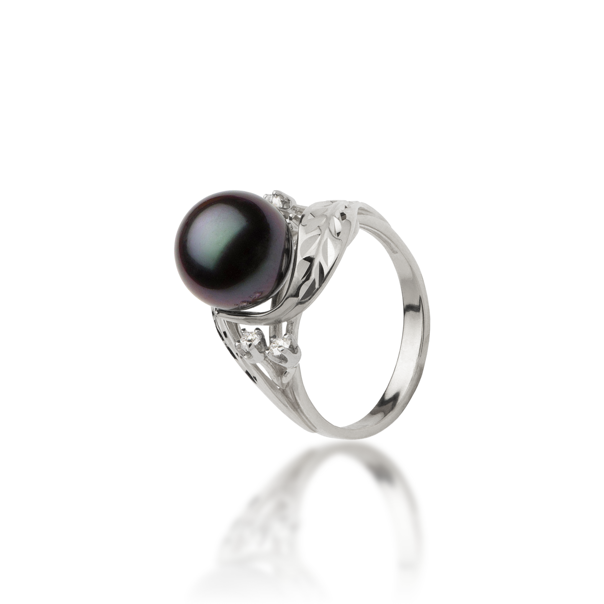 Maile Tahitian Black Pearl Ring in White Gold with Diamonds - 9-10mm