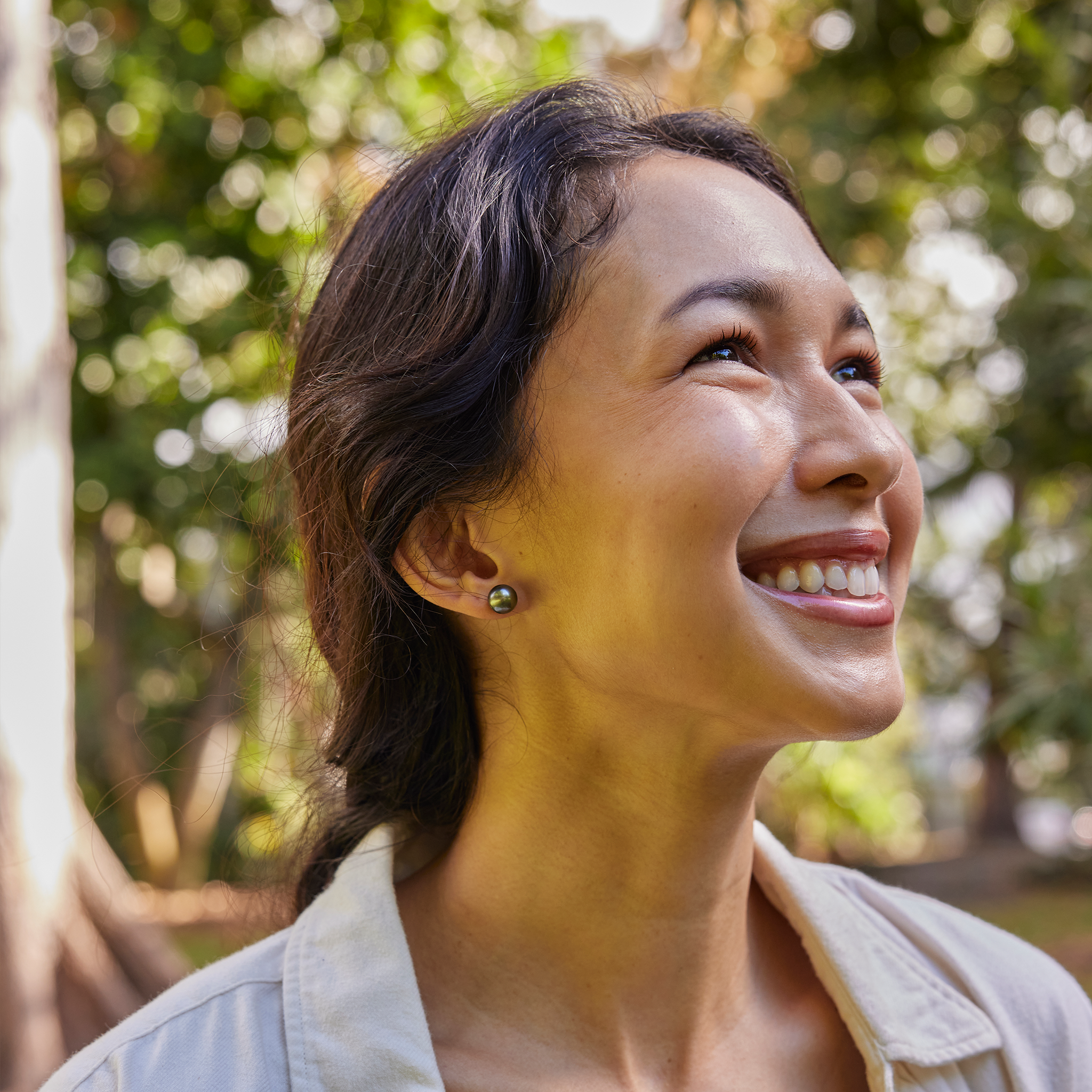 Tahitian Black Pearl Earrings in White Gold - 9-10mm