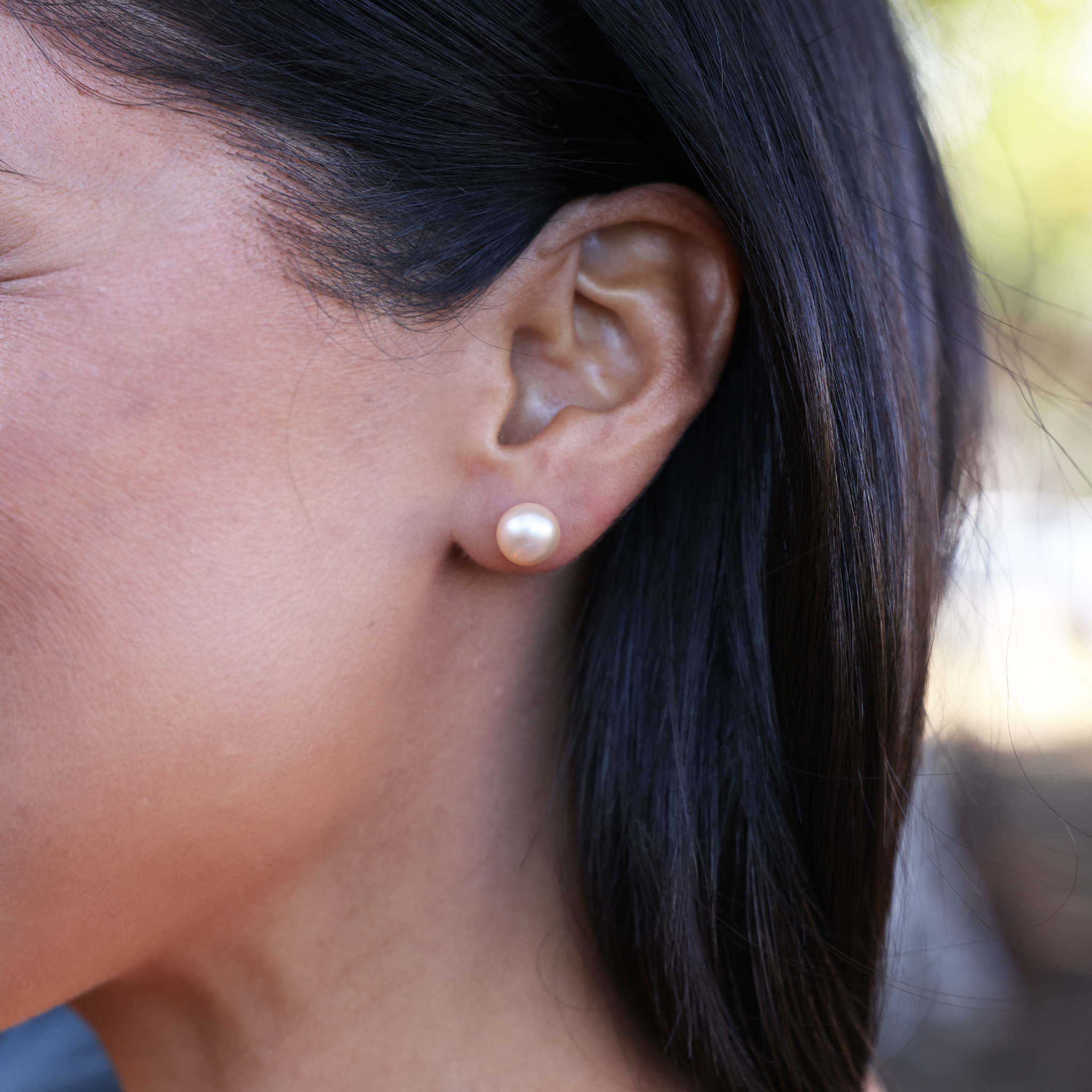 Maui Divers Jewelry Button Freshwater Pearl Earrings in Gold on Ear