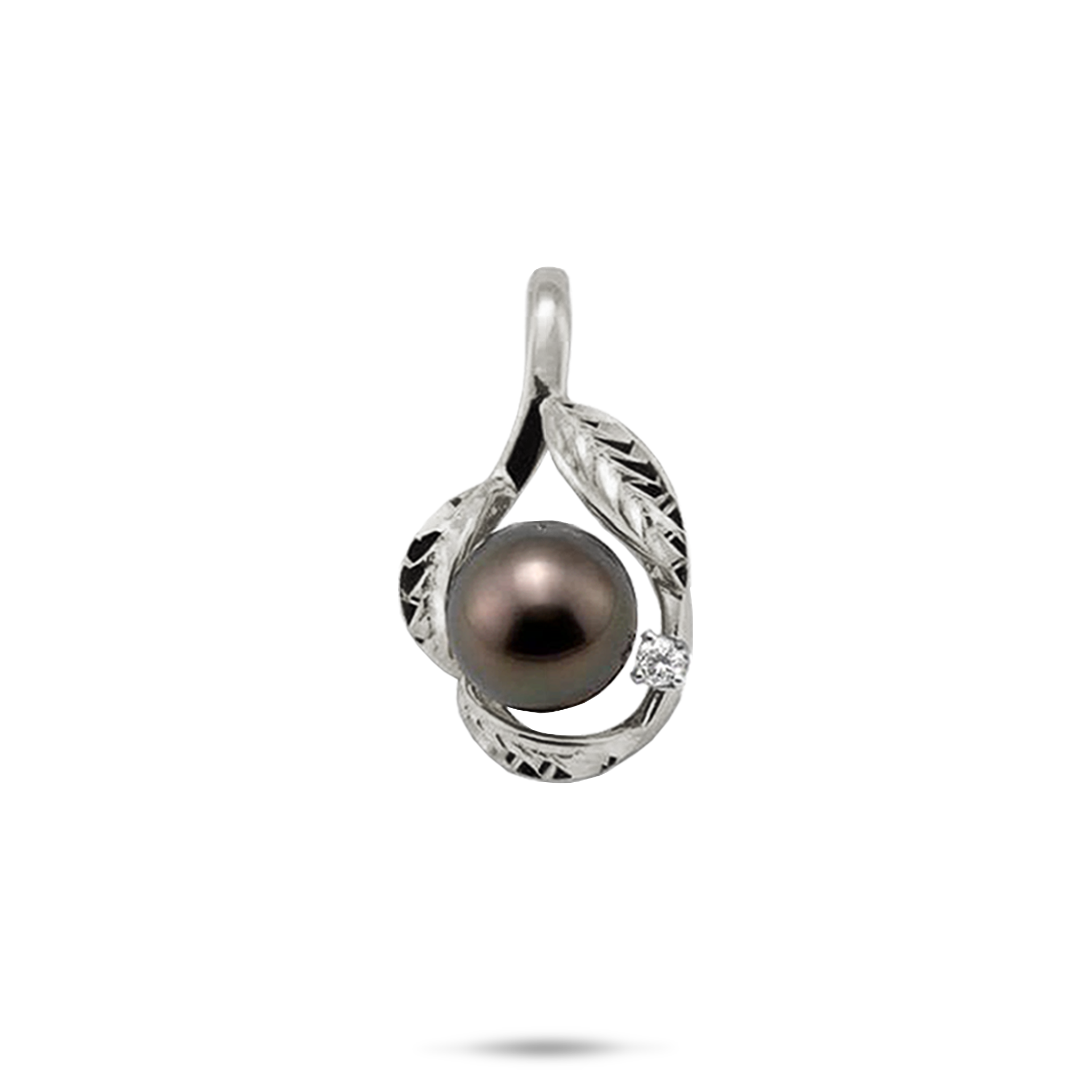 Maile Tahitian Black Pearl Pendant in White Gold with Diamond - 9-10mm