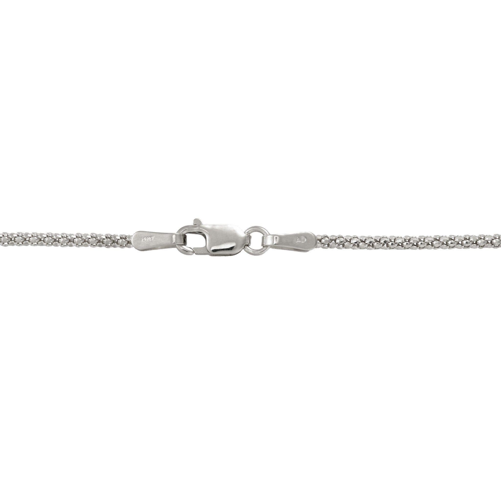 1.6mm Popcorn Chain with a detail shot of a lobster claw clasp in white gold