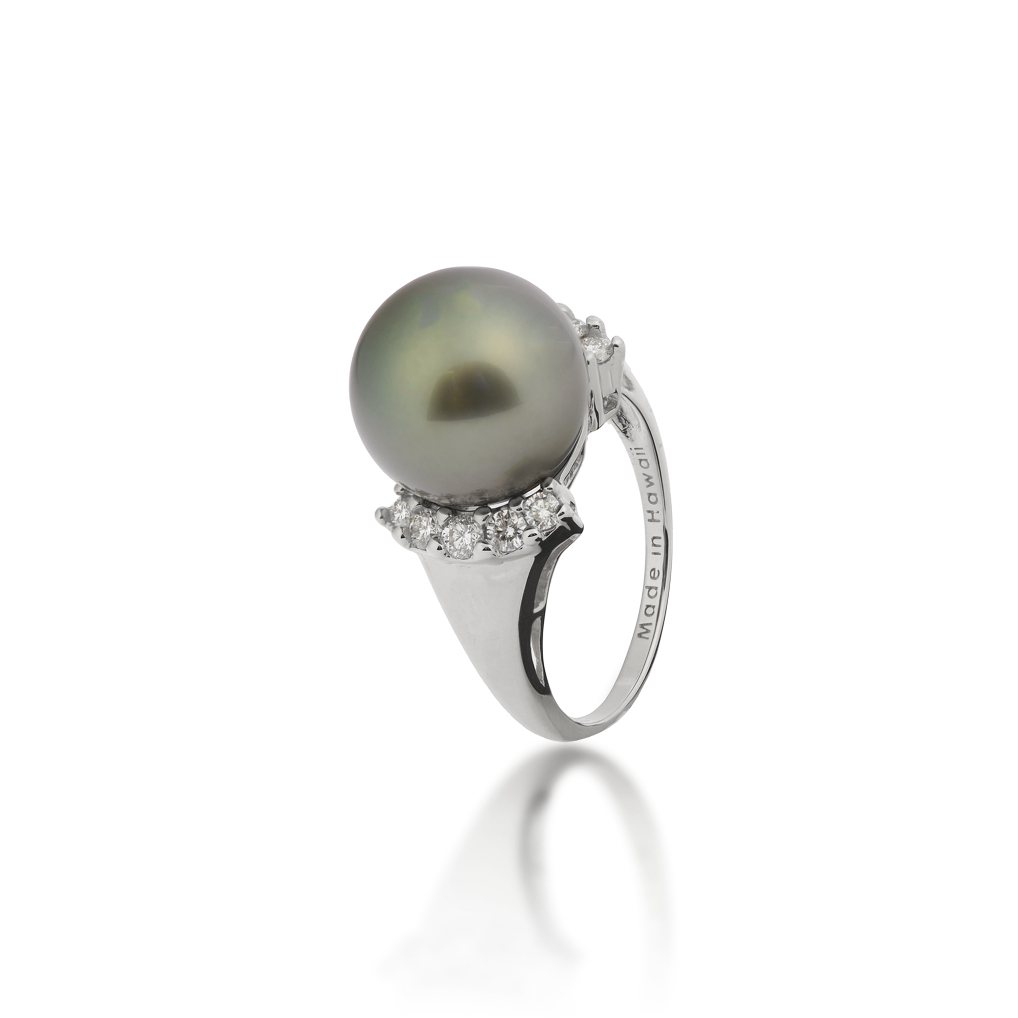 Tahitian Black Pearl Ring in White Gold with Diamonds - 12-13mm