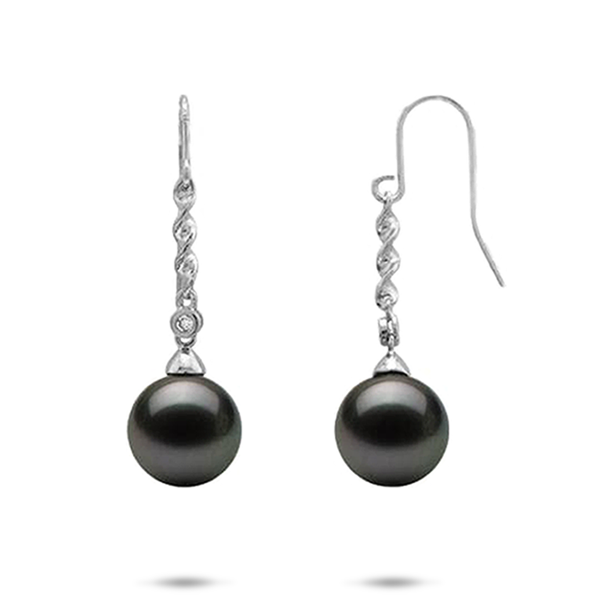 Tahitian Black Pearl Earrings in White Gold with Diamonds - 9-10mm