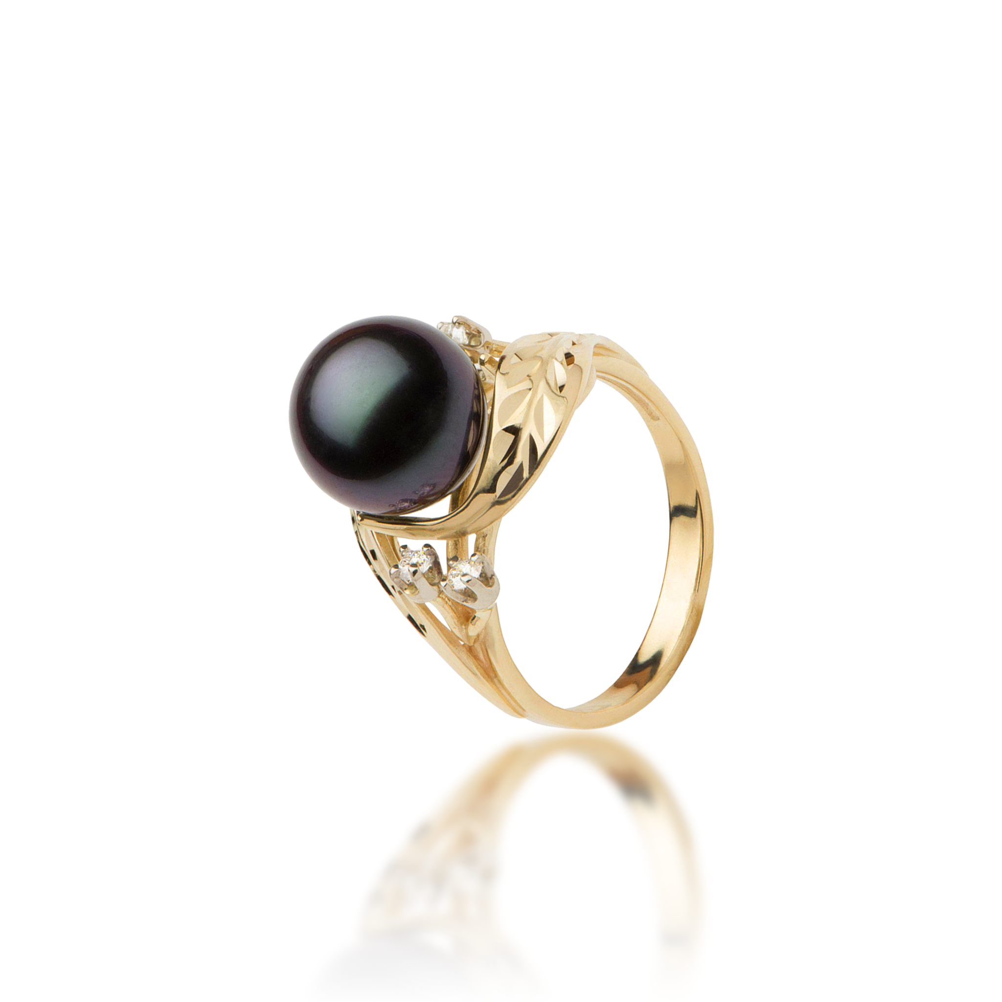 Maile Tahitian Black Pearl Ring in Gold with Diamonds - 9-10mm