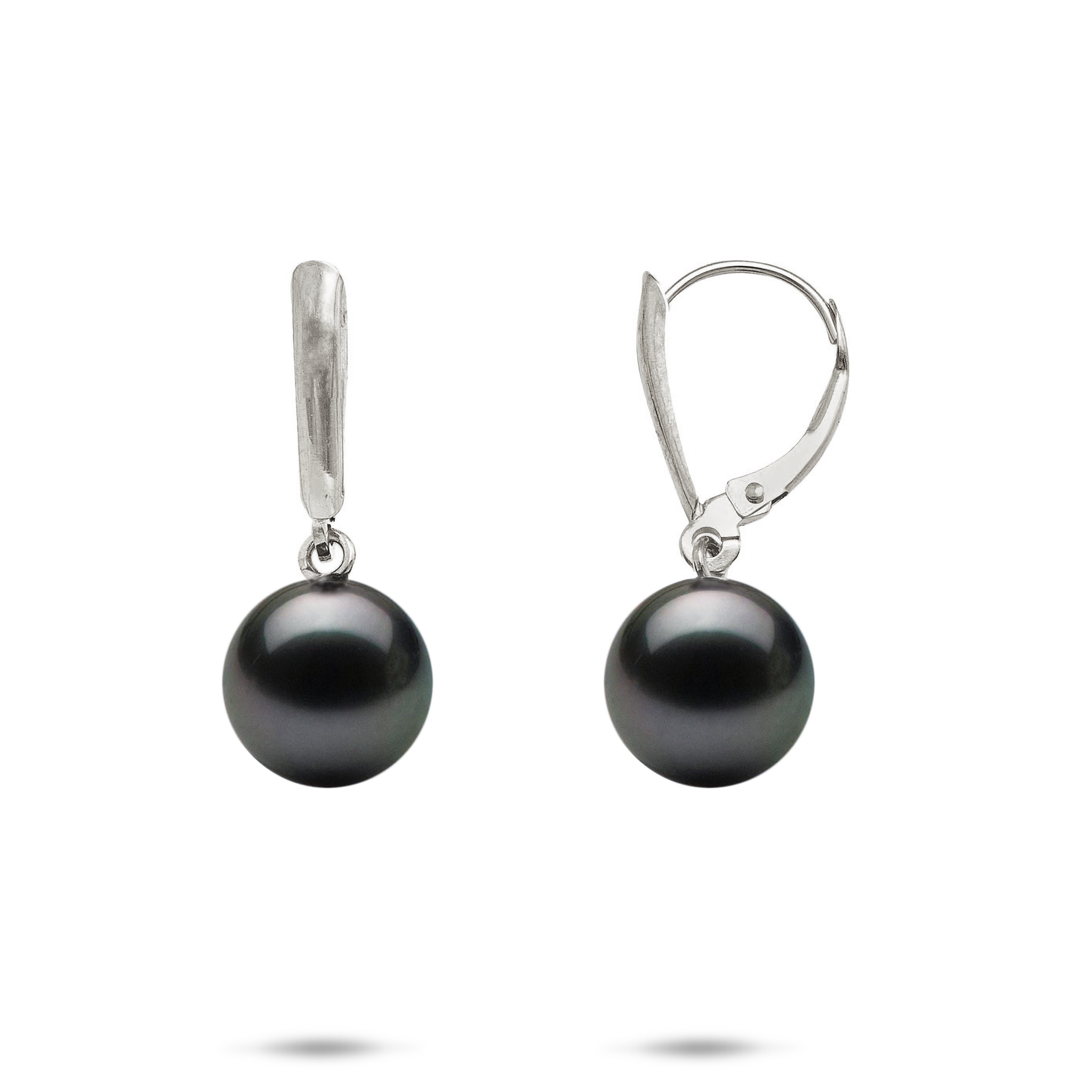 Tahitian Black Pearl Earrings in White Gold - 9-10mm