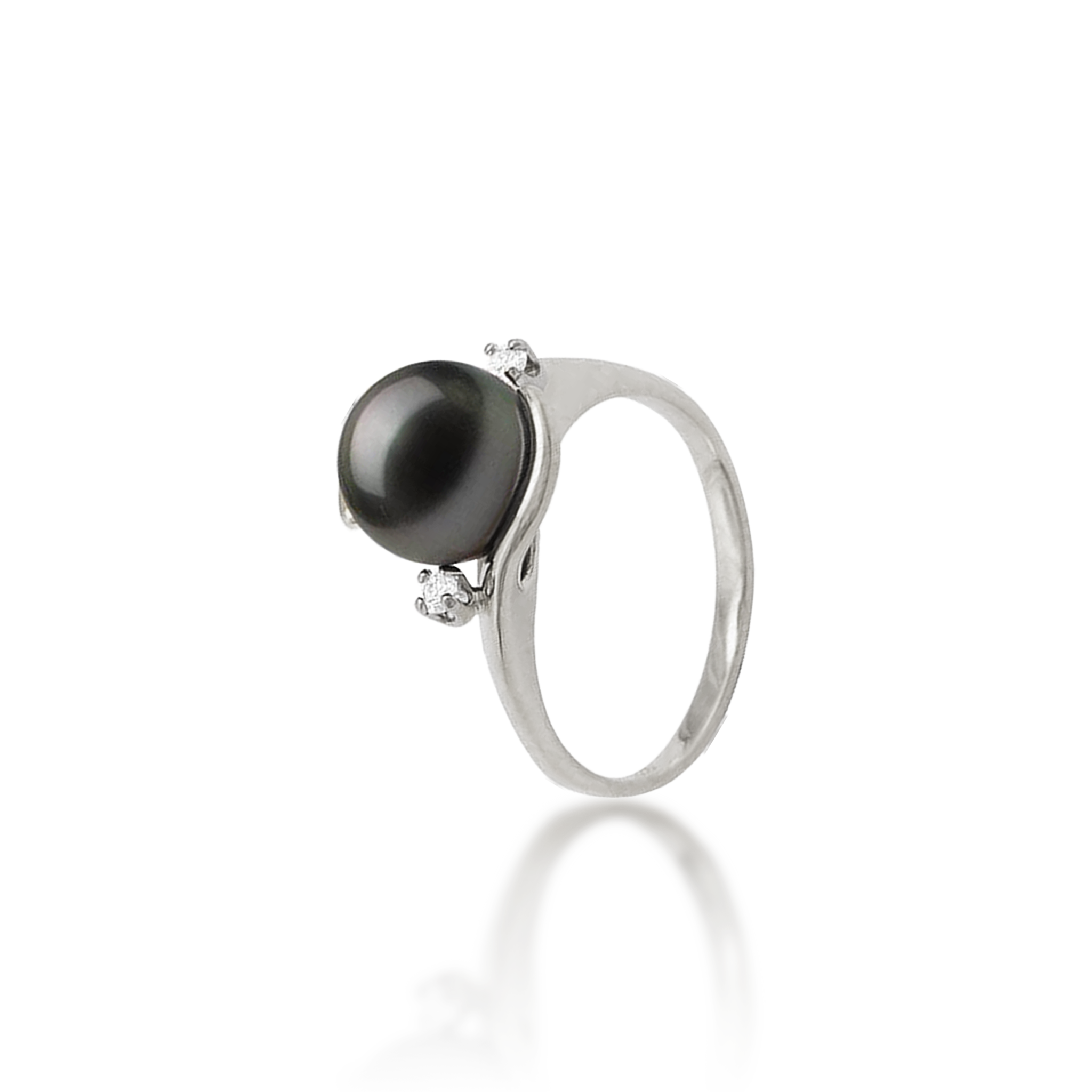 Tahitian Black Pearl Ring in White Gold with Diamonds - 9-10mm