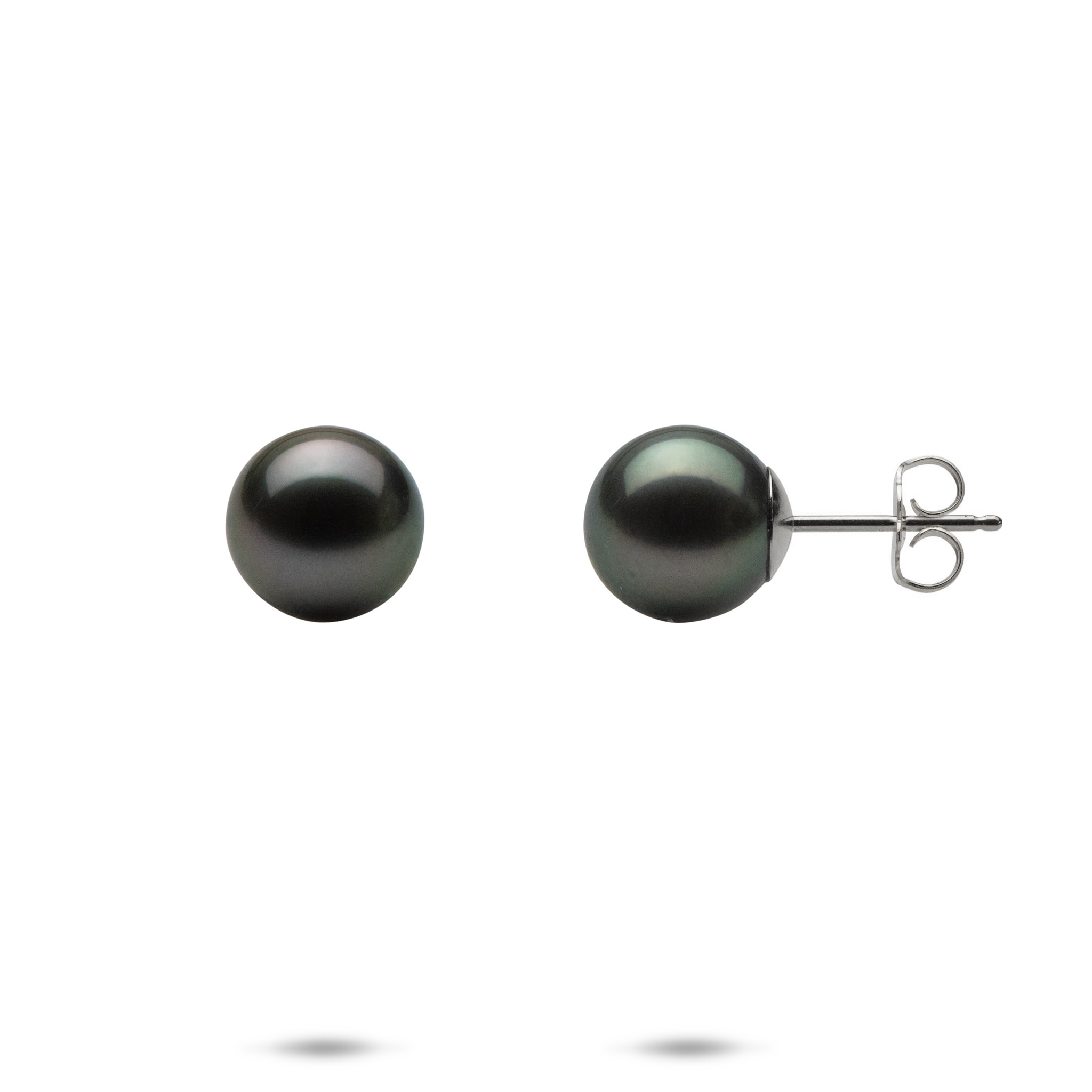 Tahitian Black Pearl Earrings in White Gold - 9-10mm