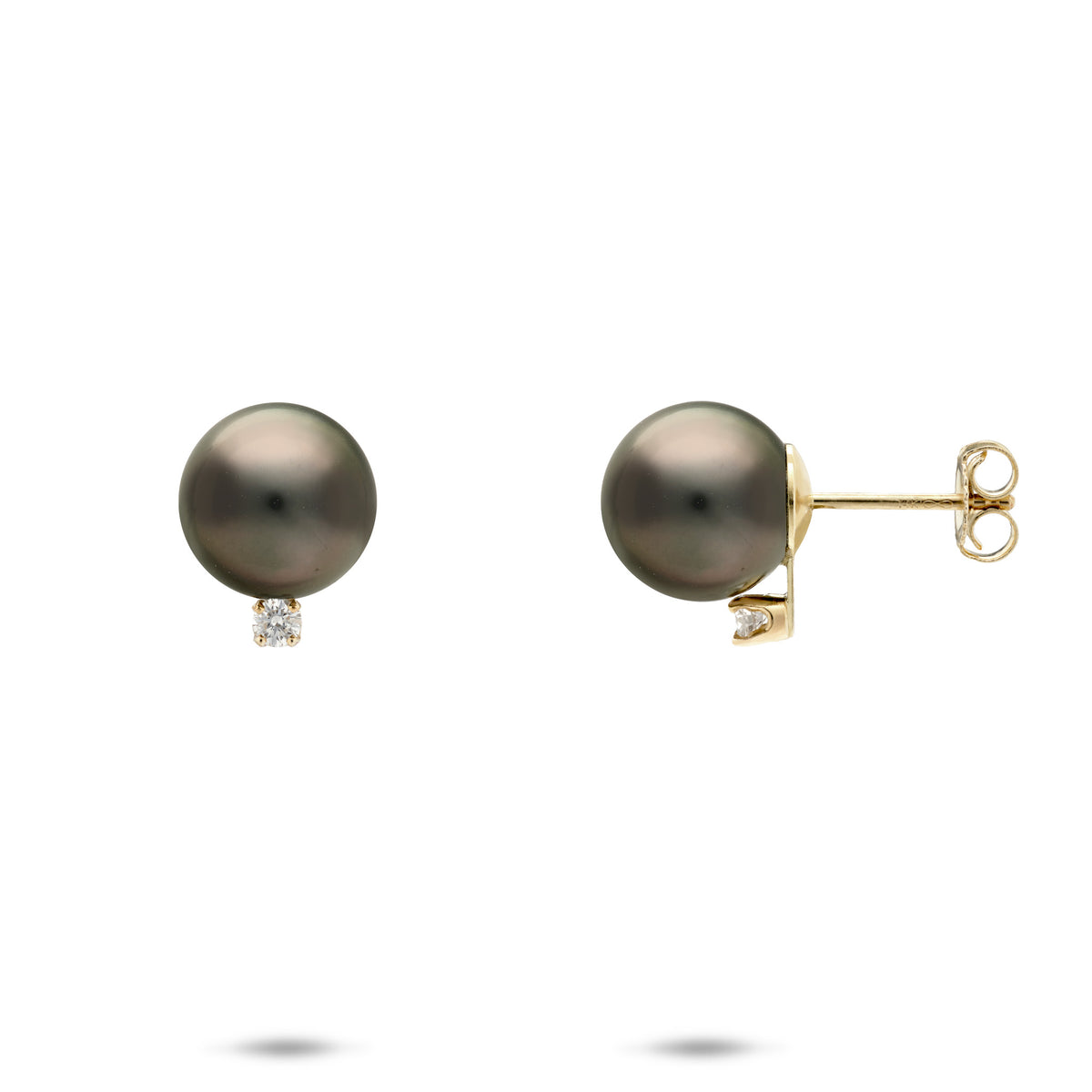 A pair of 14k yellow gold stud earrings featuring round 9-10mm Tahitian black pearls and a small diamond accent at the bottom, shown on a plain white background with one earring facing forward and the other showing the side profile.