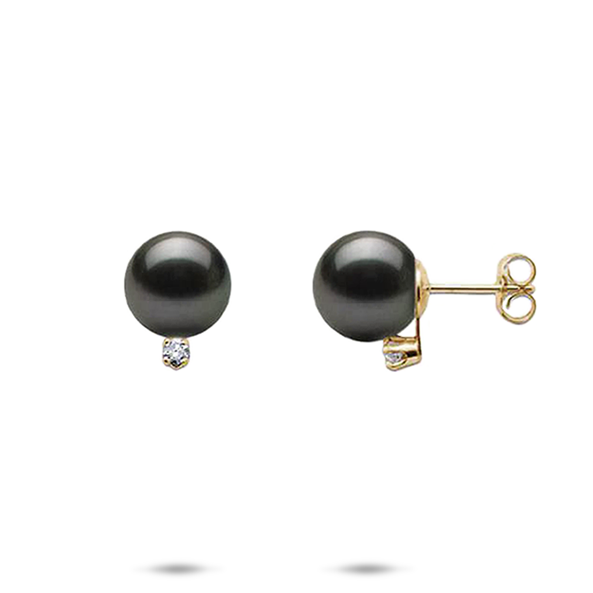 Tahitian Black Pearl Earrings in Gold with Diamonds - 9-10mm