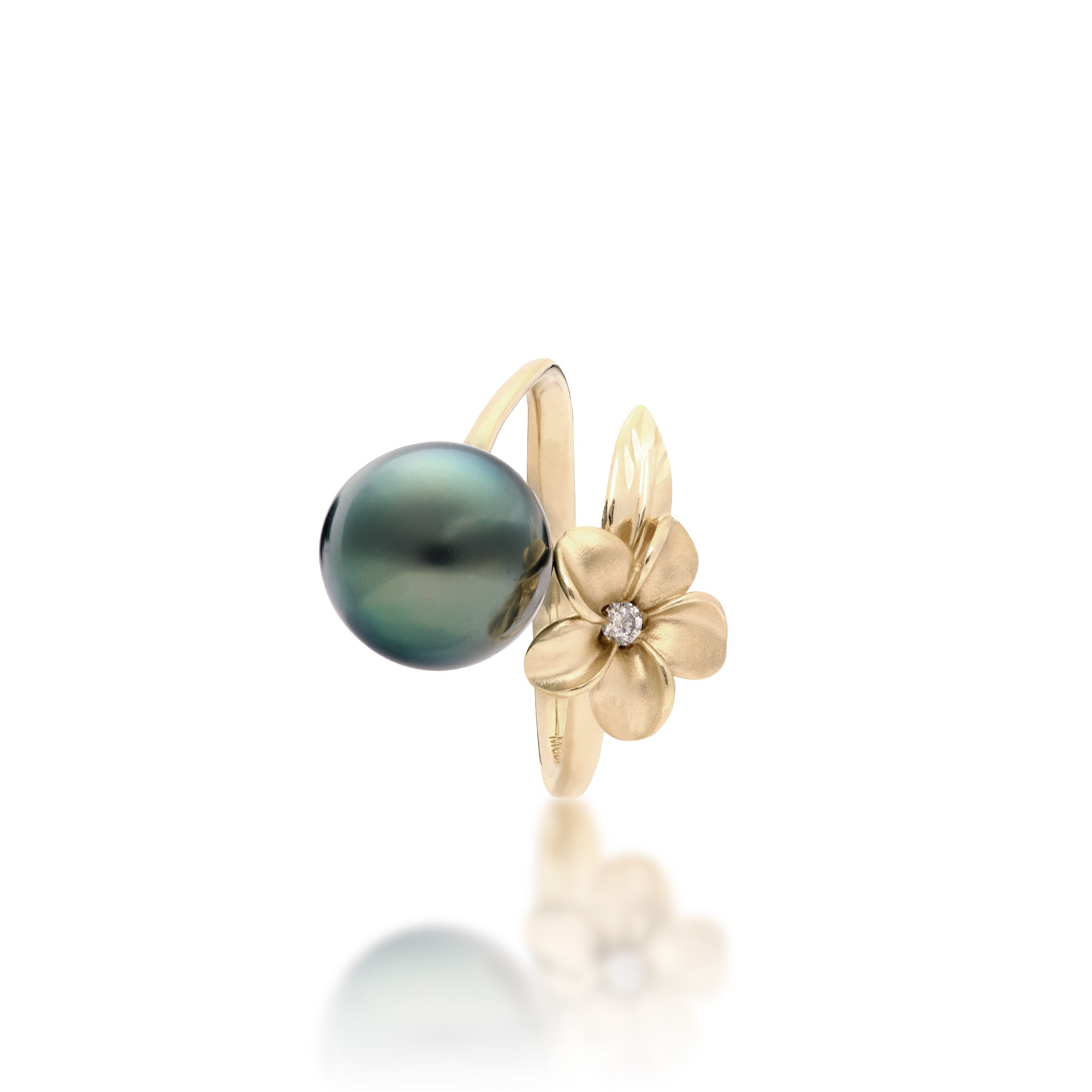 Top view of a 14k Yellow Gold Plumeria Ring with a Tahitian Black Pearl and Diamond-accent on a white background