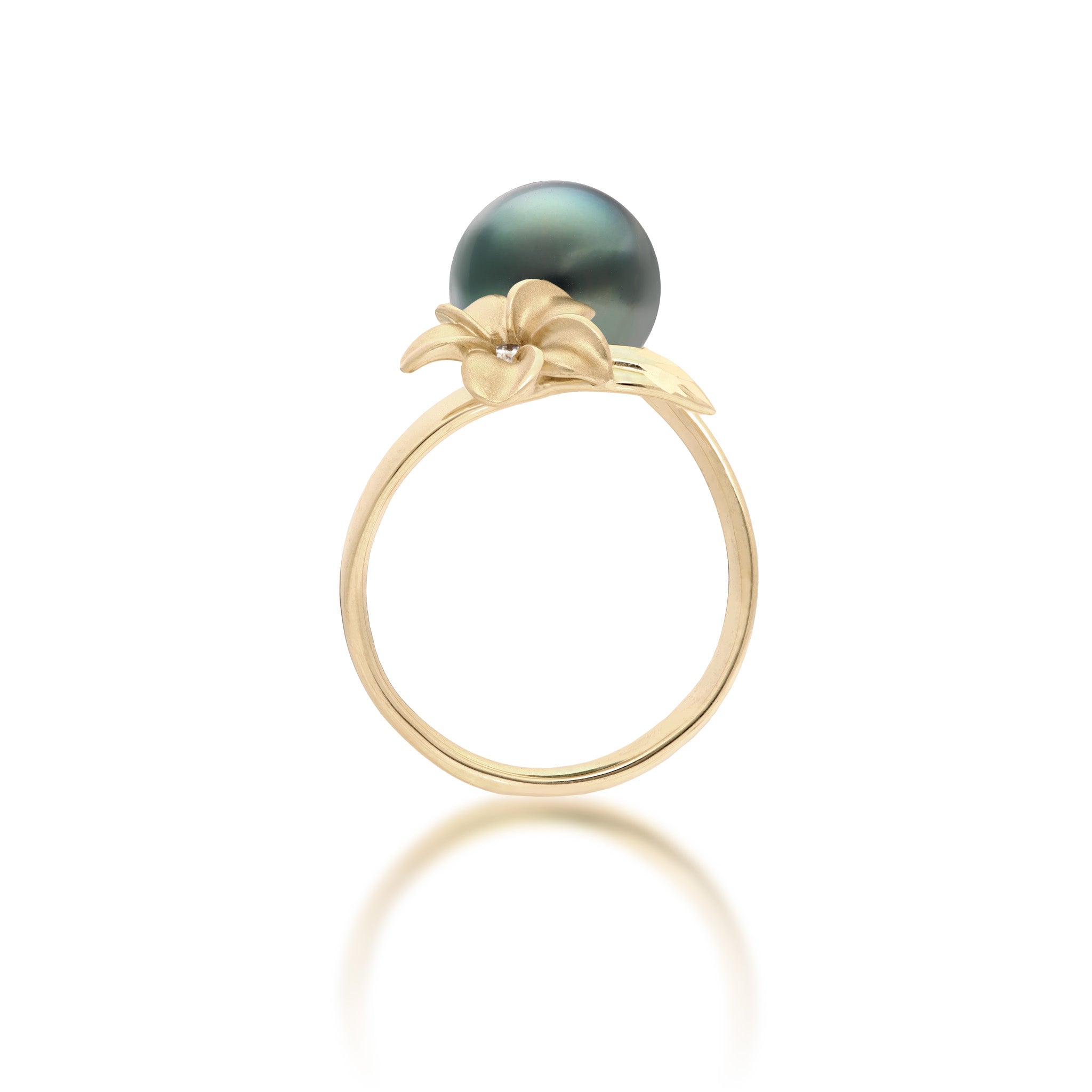 Side view of a 14k Yellow Gold Plumeria Ring with a Tahitian Black Pearl and Diamond-accent on a white background