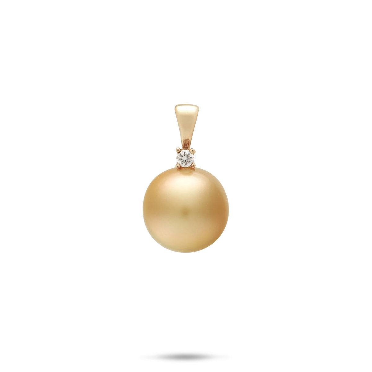12-13mm South Sea Gold Pearl Pendant with a 14k Gold bail and a natural Diamond at the base, placed on a white background