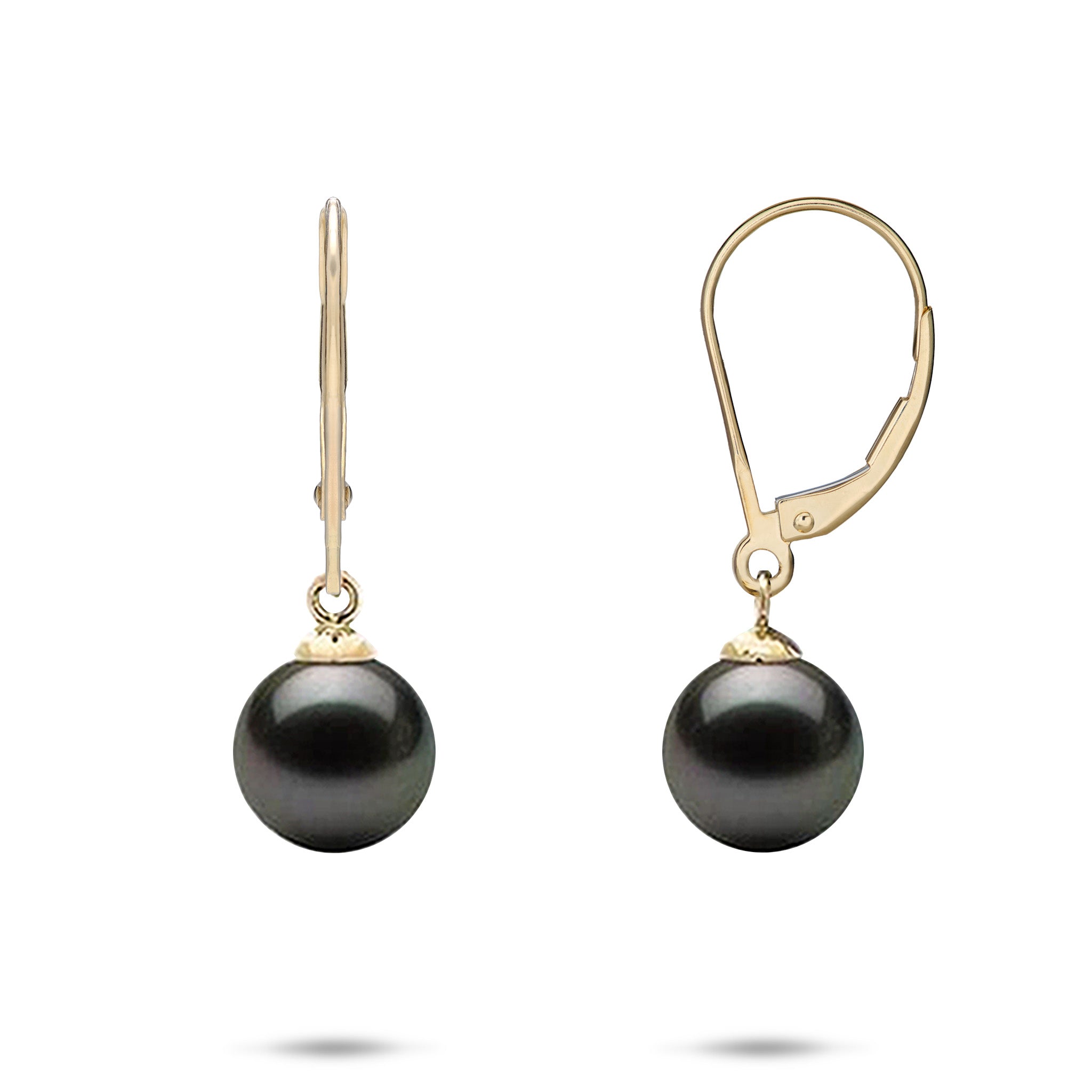 9-10mm Tahitian Black Pearl Leverback Earrings in 14k Yellow Gold on a white background