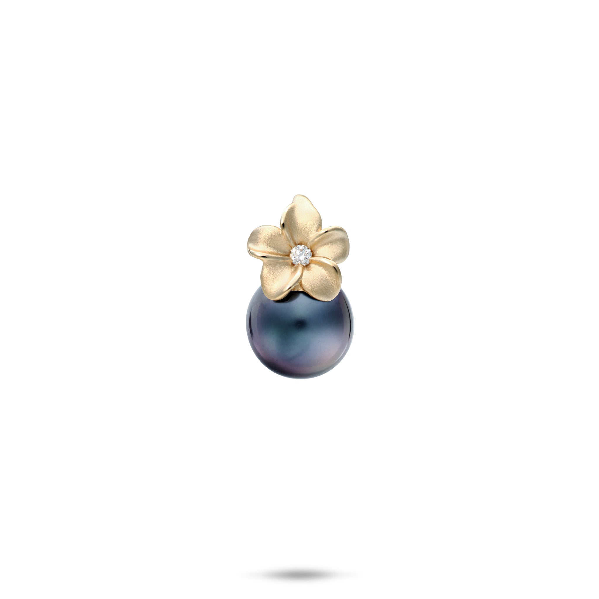 Diamond Plumeria Tahitian Black Pearl Pendant in 14k Yellow Gold on a white background