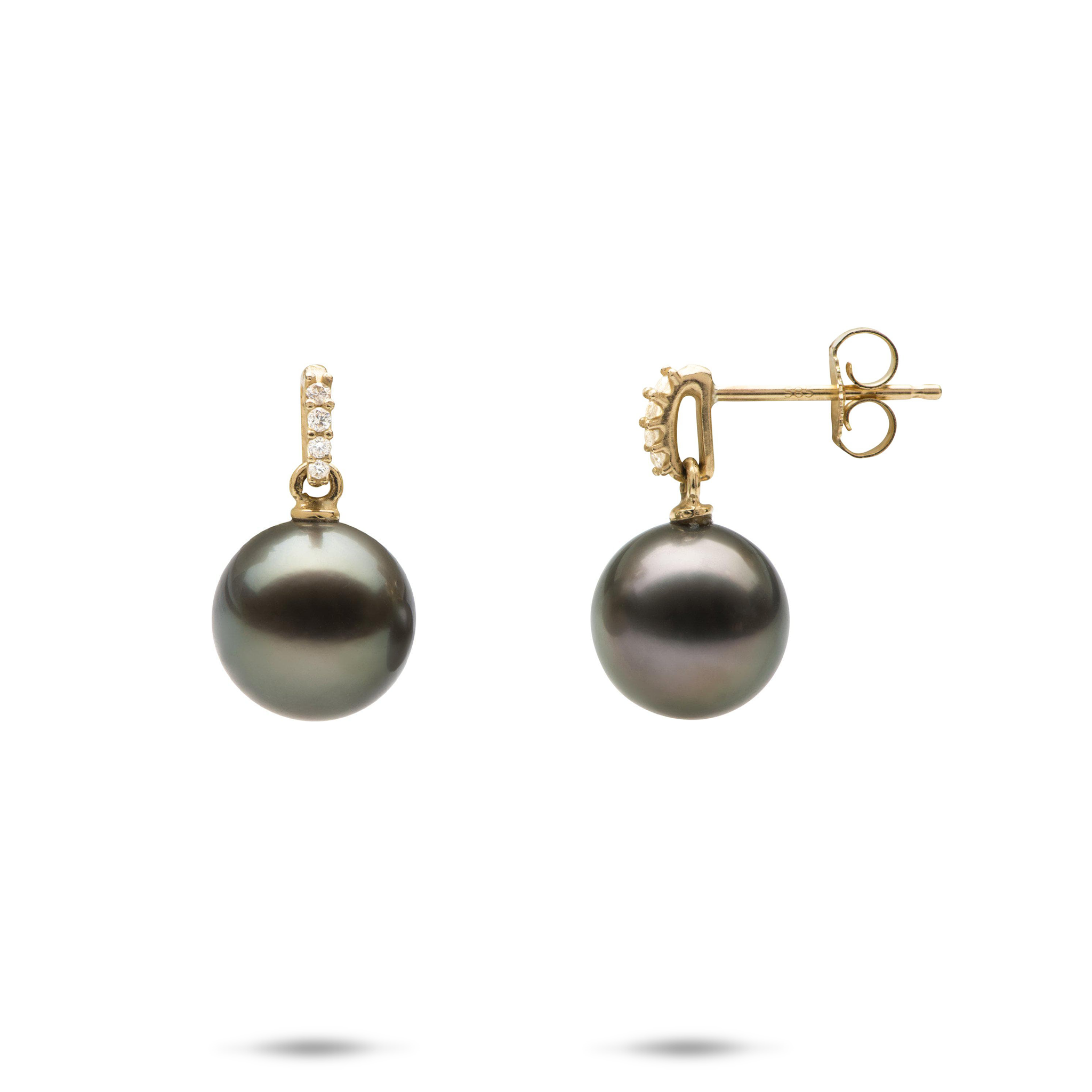 Tahitian Black Pearl Earrings in Gold with Diamonds - 9-10mm