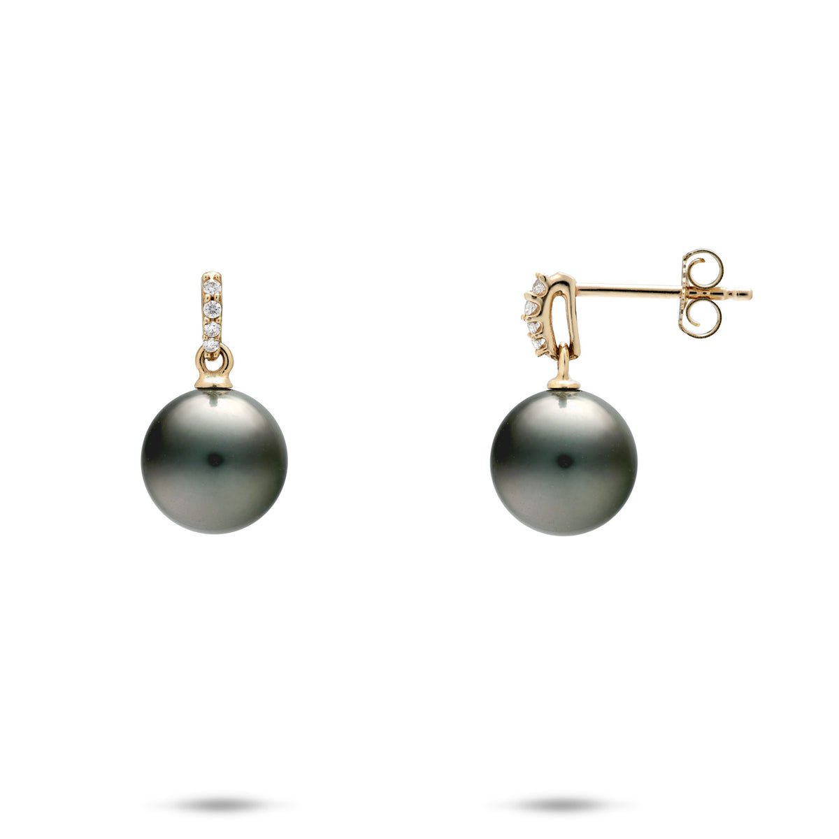 A pair of 14k yellow gold dangle stud earrings with a vertical row of diamonds atop a Tahitian black pearl, shown with a front and side view of the butterfly backing, on a white background