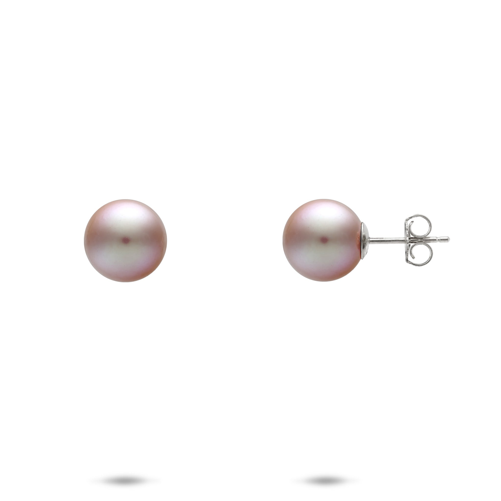 A pair of round 8-9mm freshwater pearl stud earrings, one shown from the front displaying a soft pinkish-lavender luster and the other from the side showing a white gold post and butterfly back, set against a plain white background.