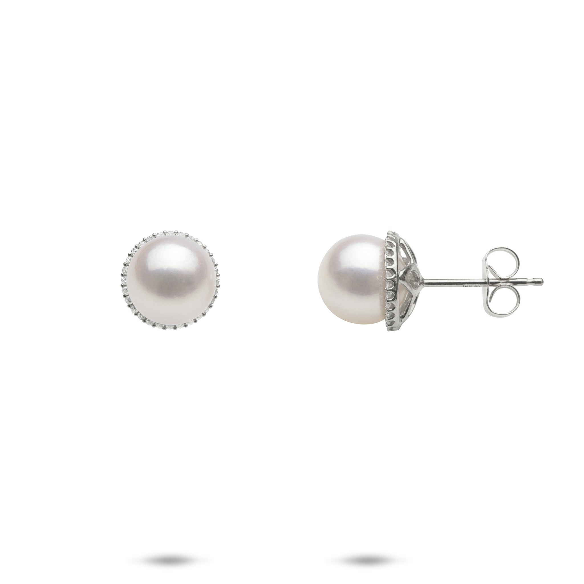 Halo Akoya White Pearl Earrings in White Gold with Diamonds - 8-8.5mm