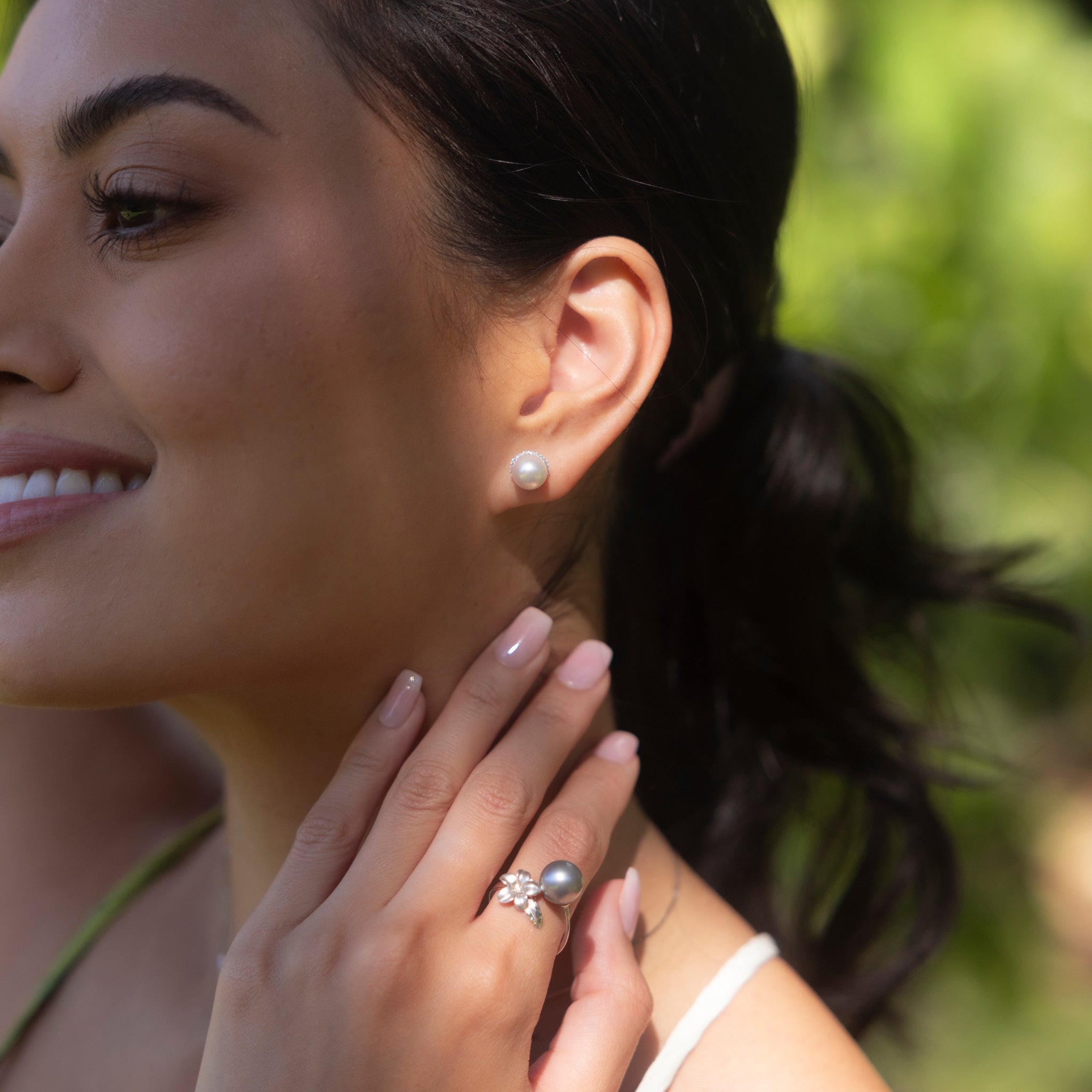 Halo Akoya White Pearl Earrings in White Gold with Diamonds - 8-8.5mm