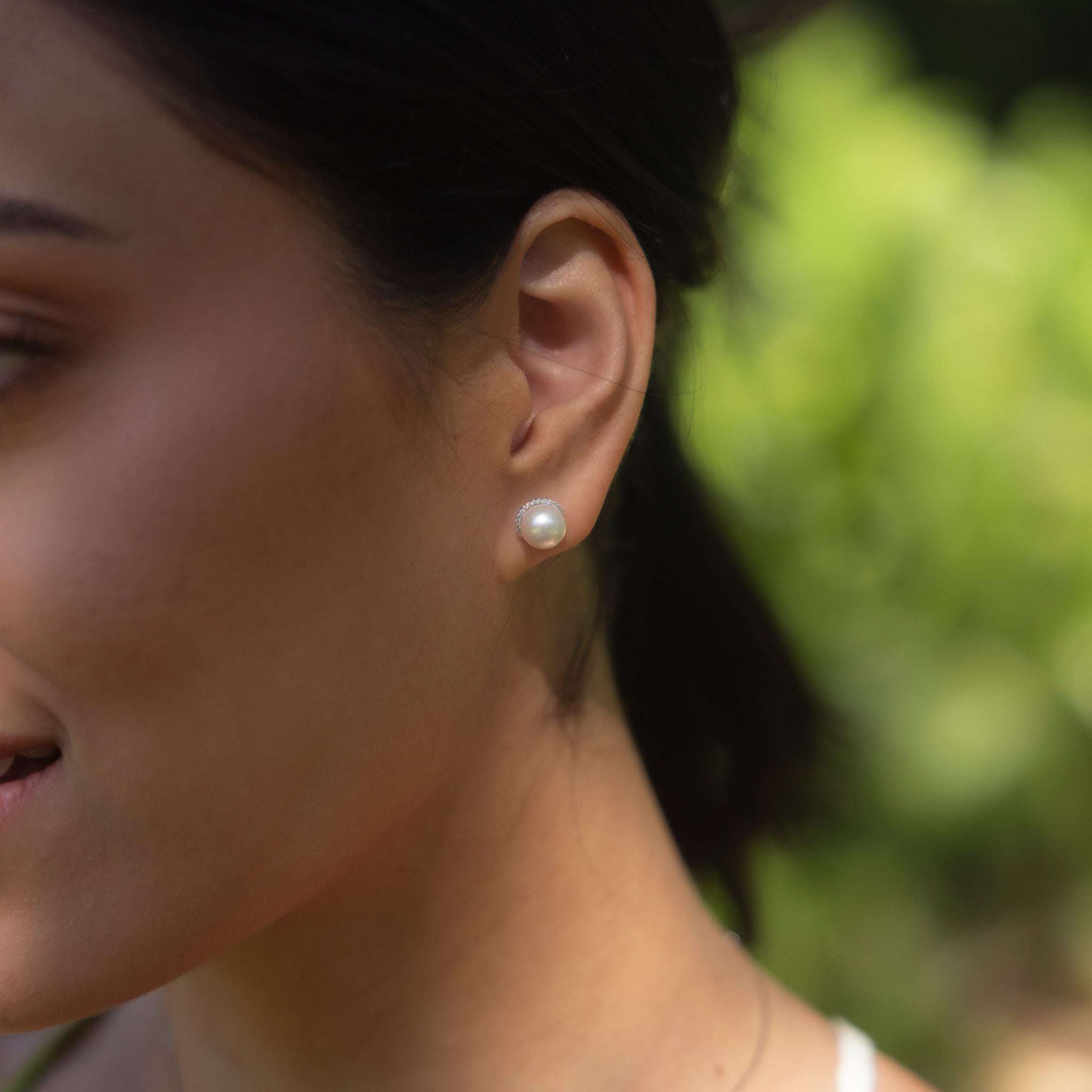 Halo Akoya White Pearl Earrings in White Gold with Diamonds - 8-8.5mm