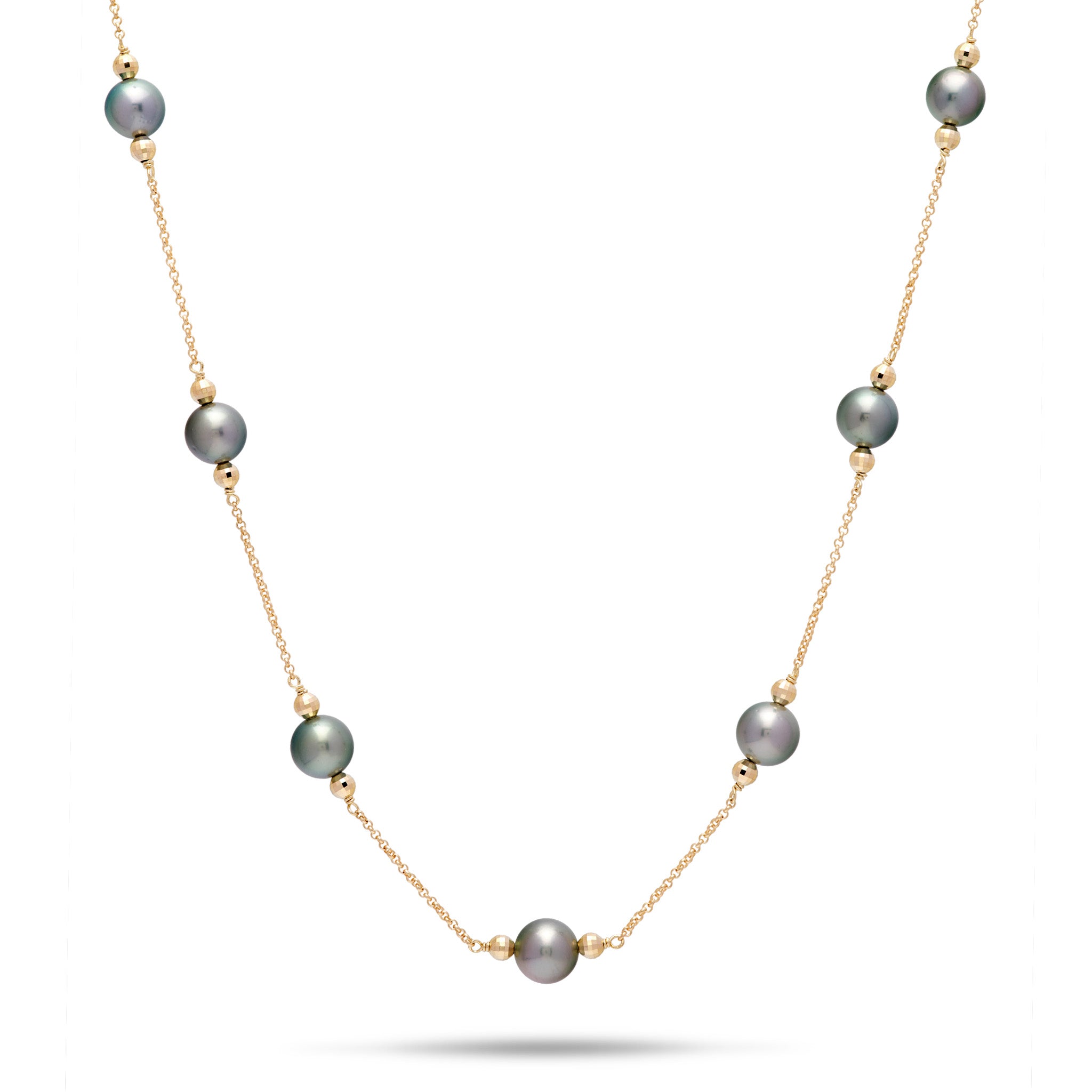 17.5-18" 9-10mm Seven Tahitian Black Pearl and Gold Bead Rolo Chain Necklace in 14k Yellow Gold on a white background