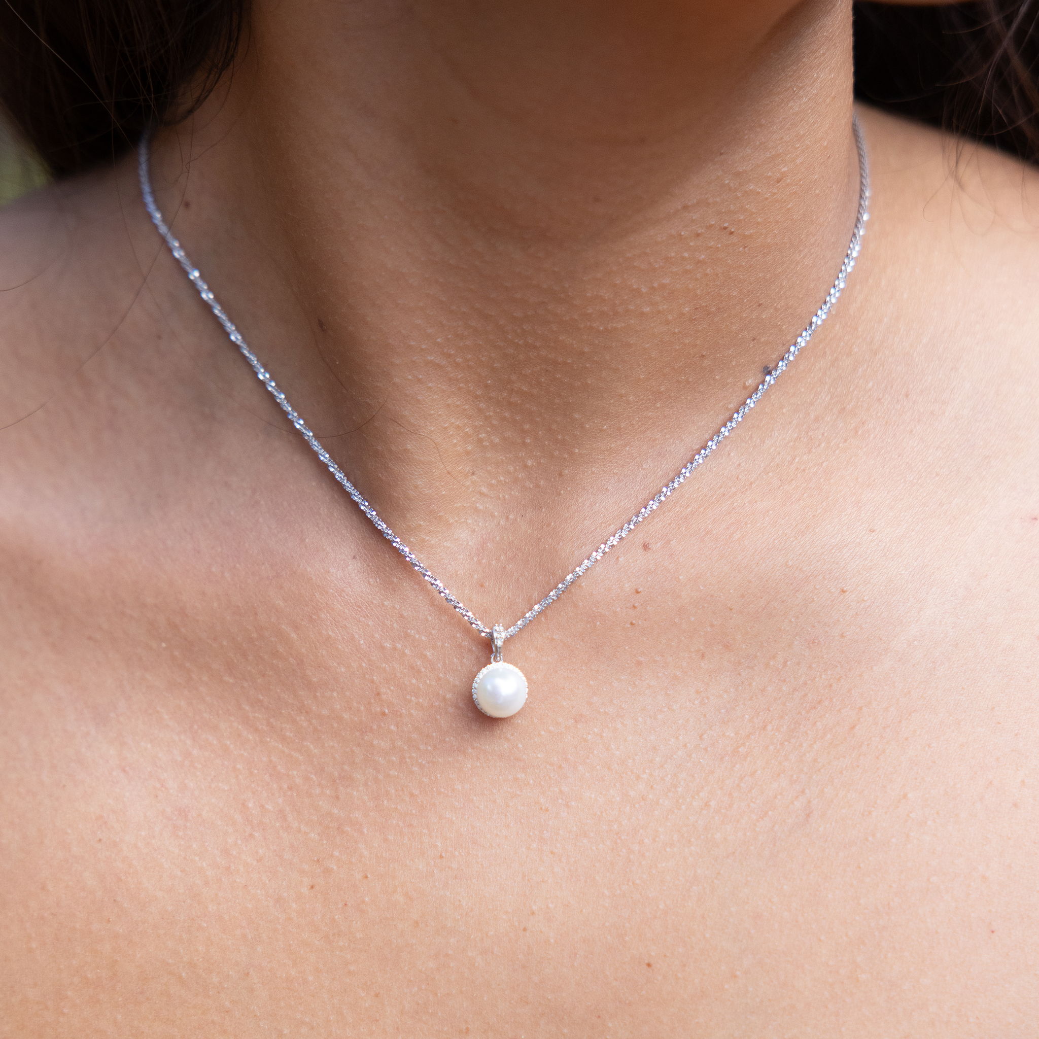 Halo Akoya White Pearl Pendant in White Gold with Diamonds - 8-8.5mm