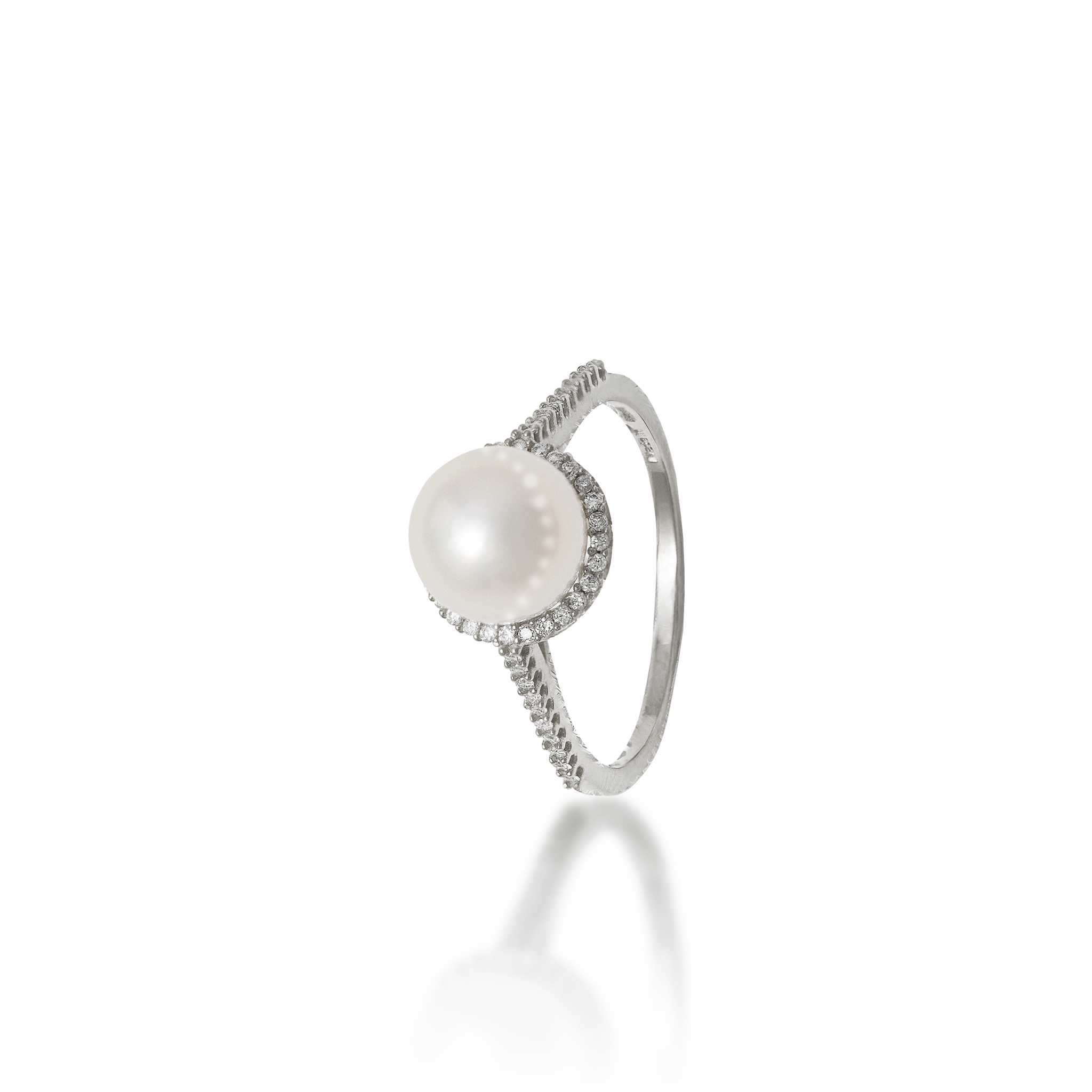 Halo Akoya White Pearl Ring in White Gold with Diamonds - 8mm