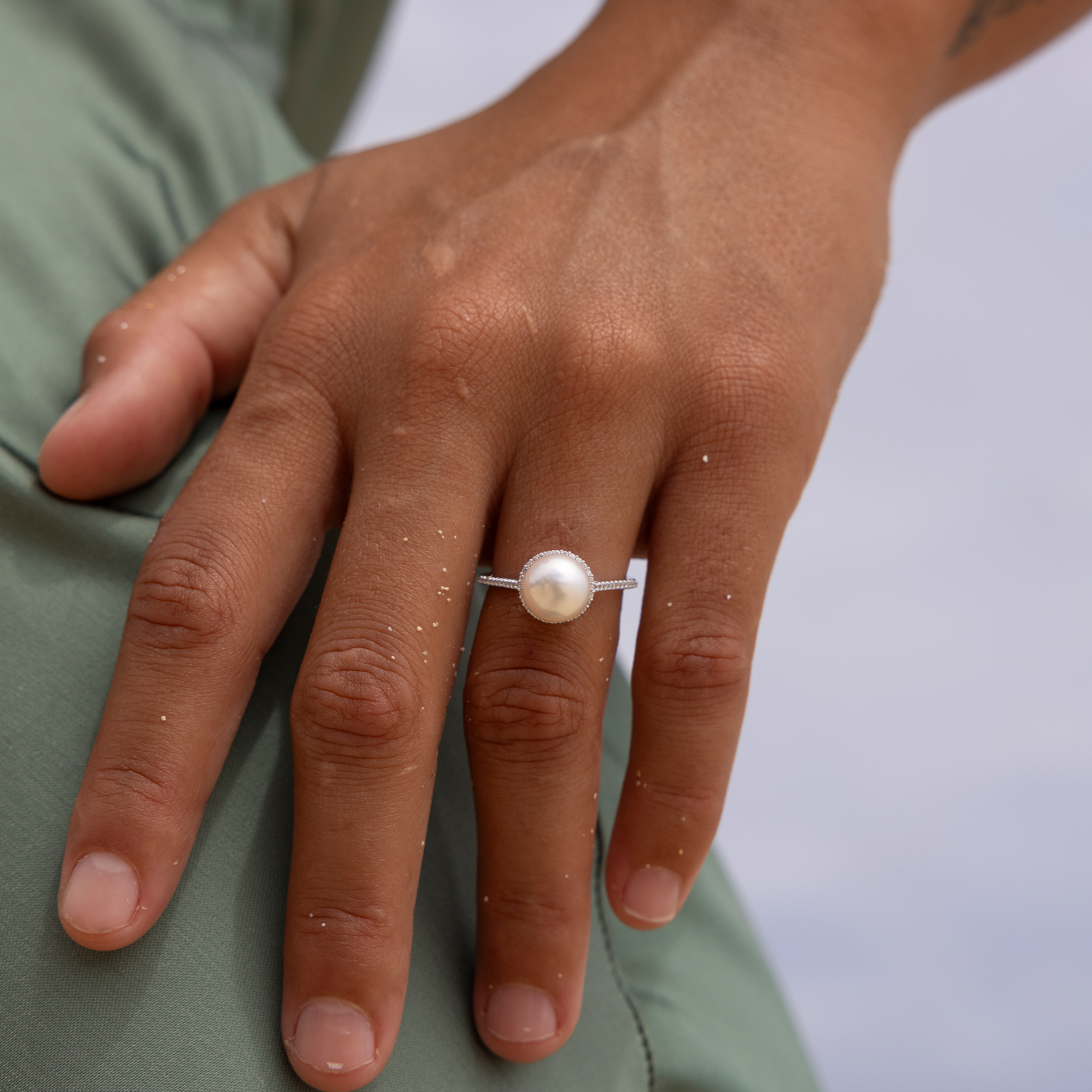 Halo Akoya White Pearl Ring in White Gold with Diamonds - 8mm