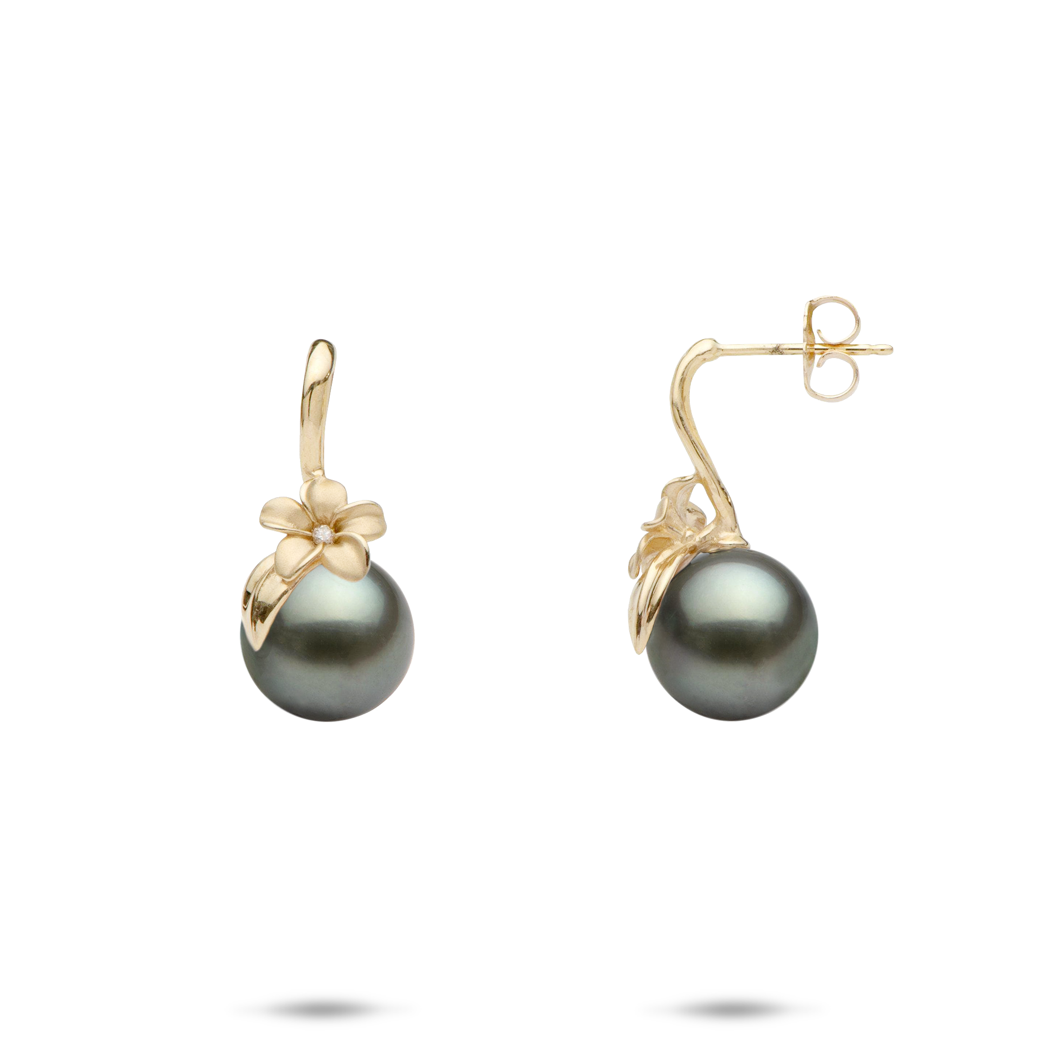 Plumeria Tahitian Black Pearl Earrings in Gold with Diamonds - 8-9mm
