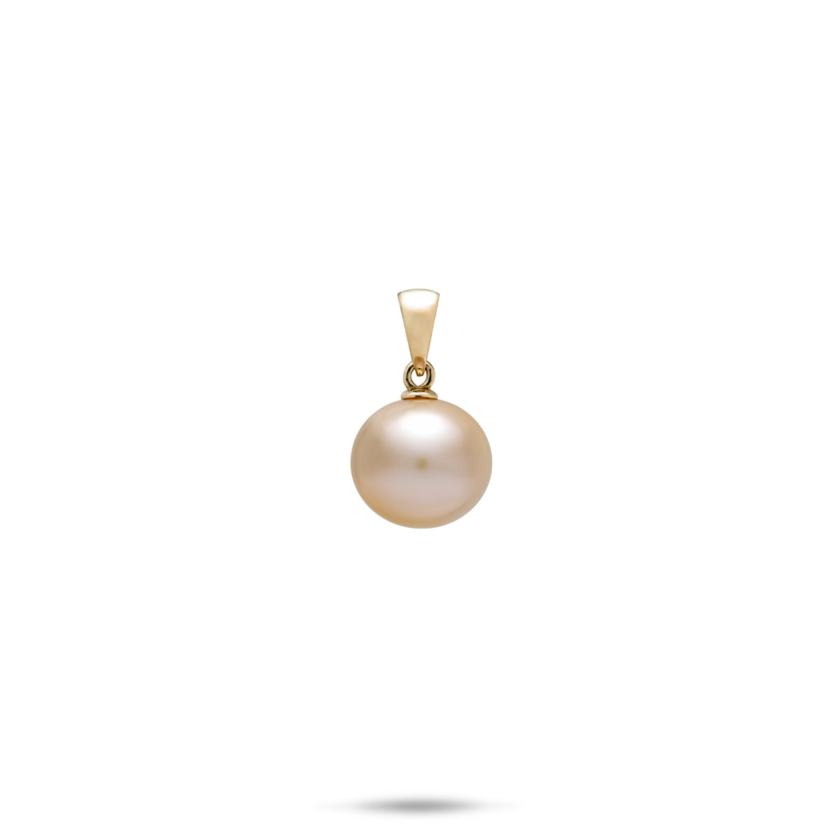 A single round 9-10mm pink/peach freshwater pearl pendant set on a simple 14k yellow gold bail, shown against a solid white background with a soft shadow below.