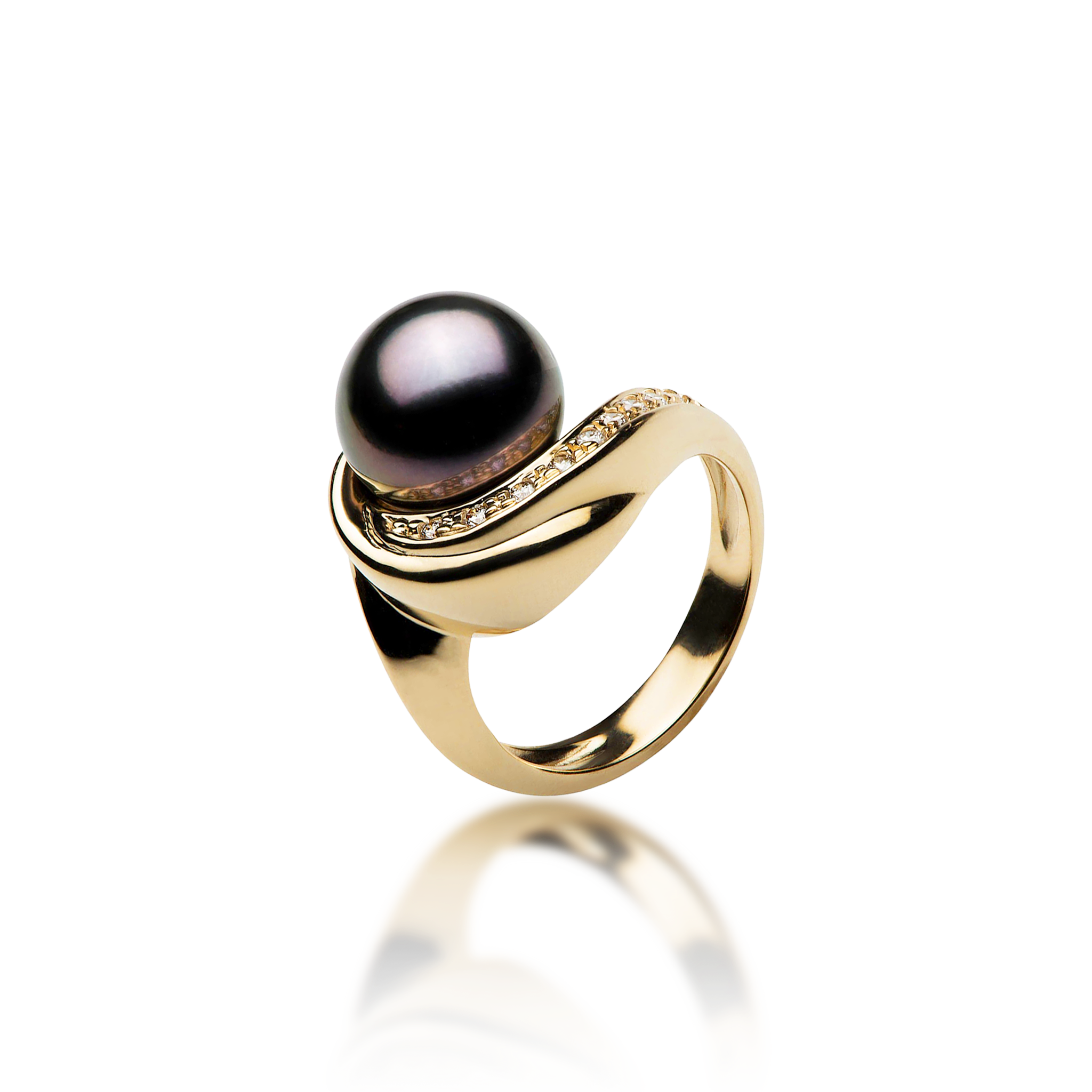 Tahitian Black Pearl Ring in Gold with Diamonds - 10-11mm