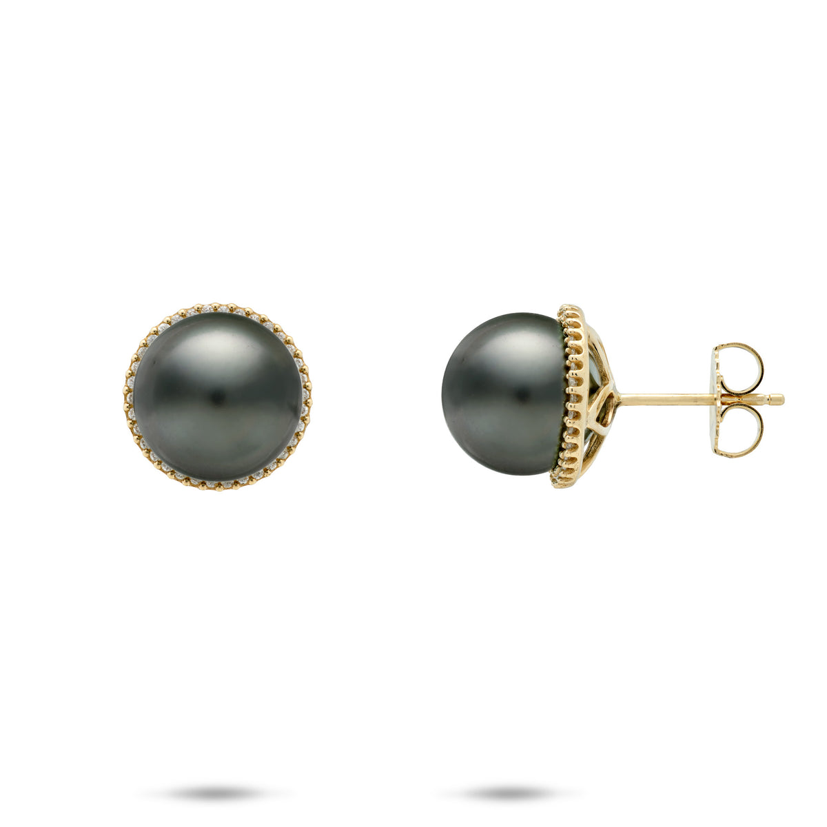 A pair of 14k yellow gold stud earrings featuring Tahitian black pearls surrounded by a diamond halo, shown from both front and side angles on a white background.