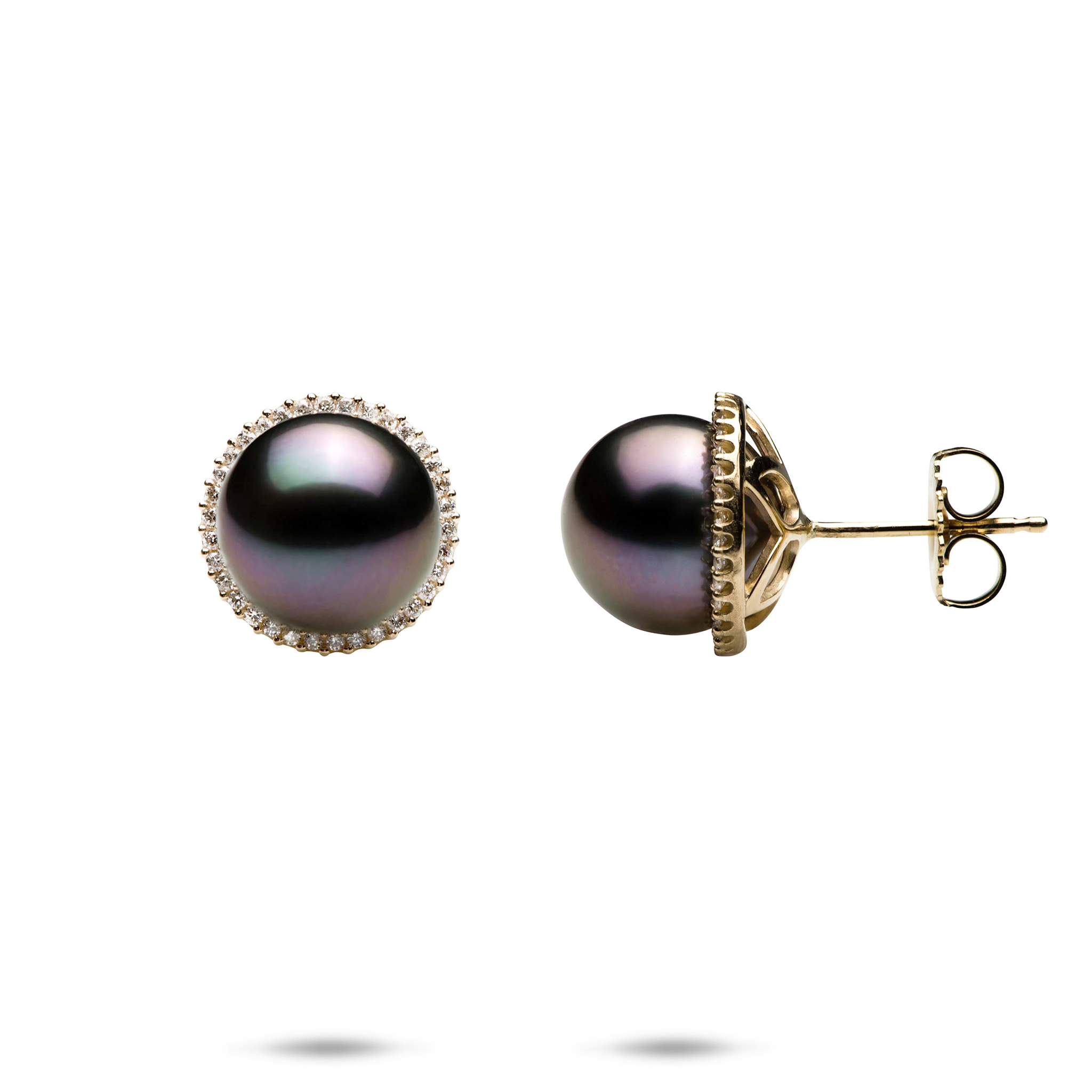 Halo Tahitian Black Pearl Earrings in Gold with Diamonds - 10-11mm