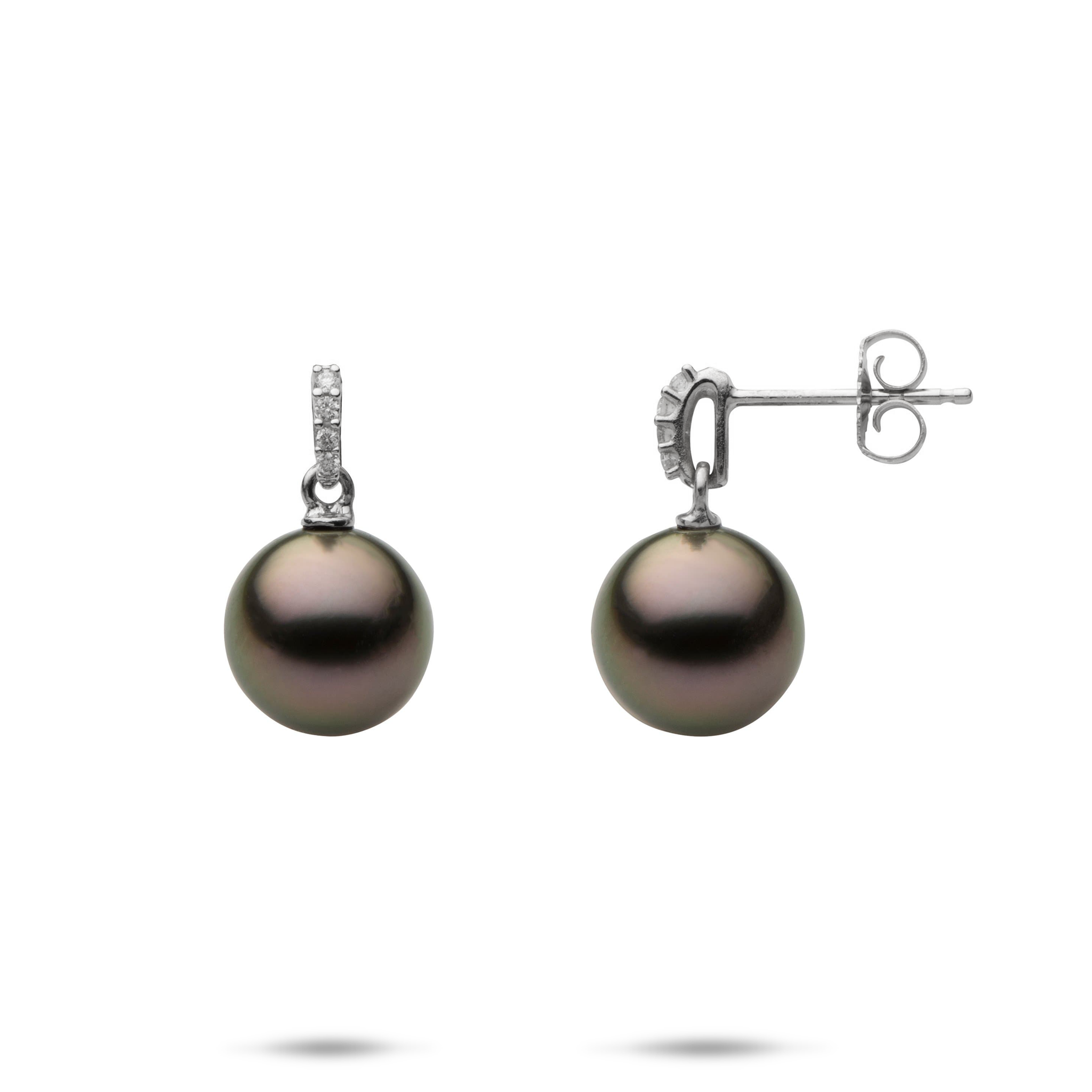 Tahitian Black Pearl Earrings in White Gold with Diamonds - 9-10mm