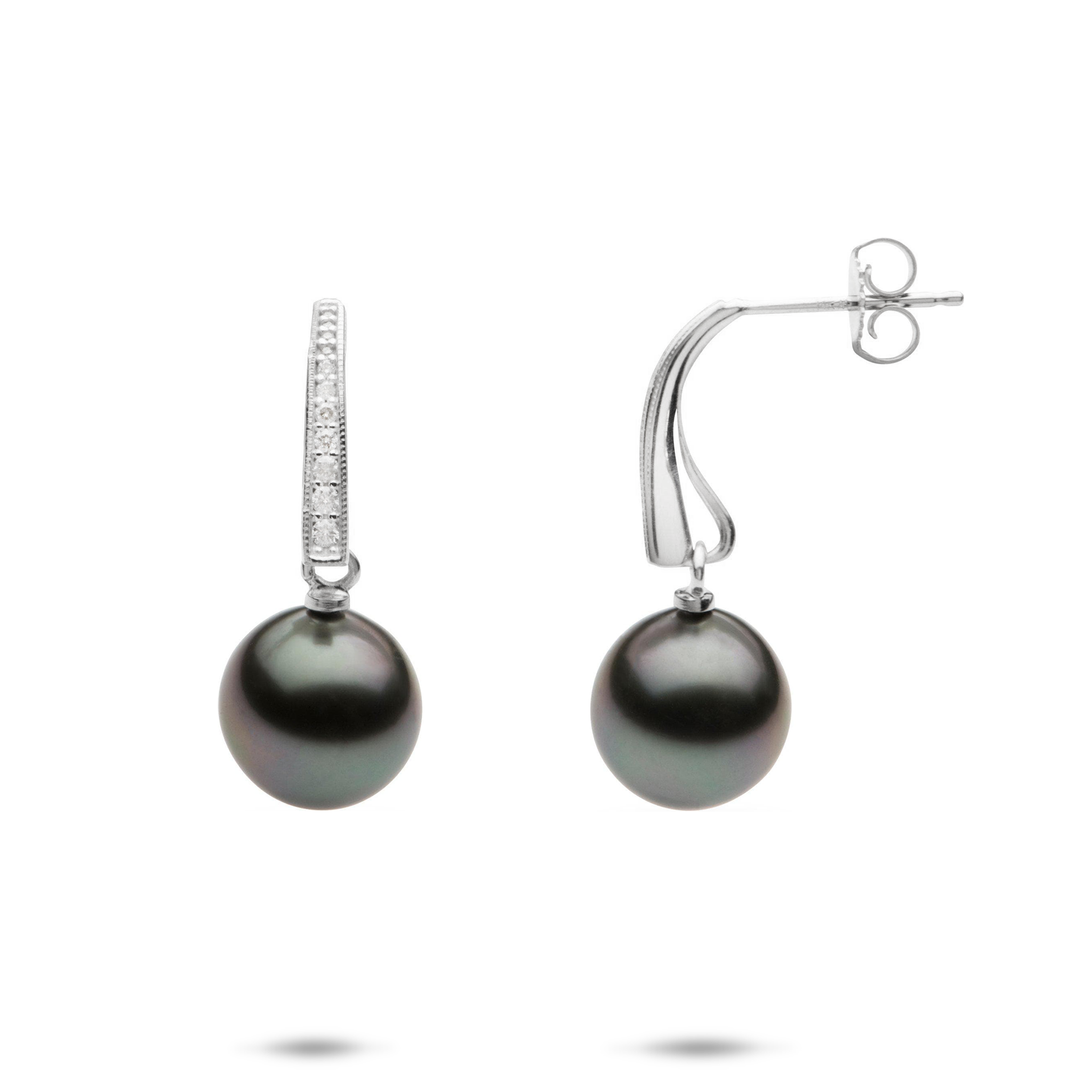 Tahitian Black Pearl Earrings in White Gold with Diamonds - 9-10mm