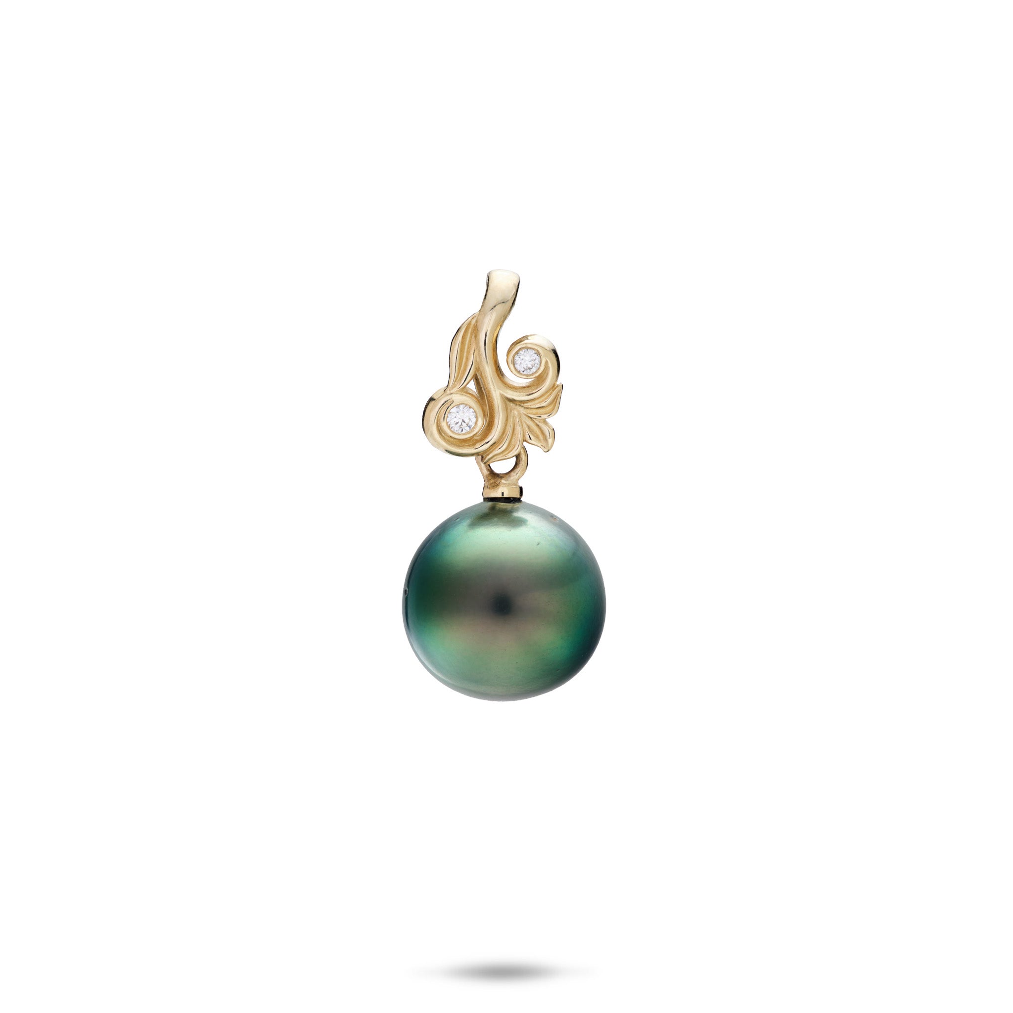 Living Heirloom 10-12mm Tahitian Black Pearl Pendant in 14k Yellow Gold with Diamonds on a white background