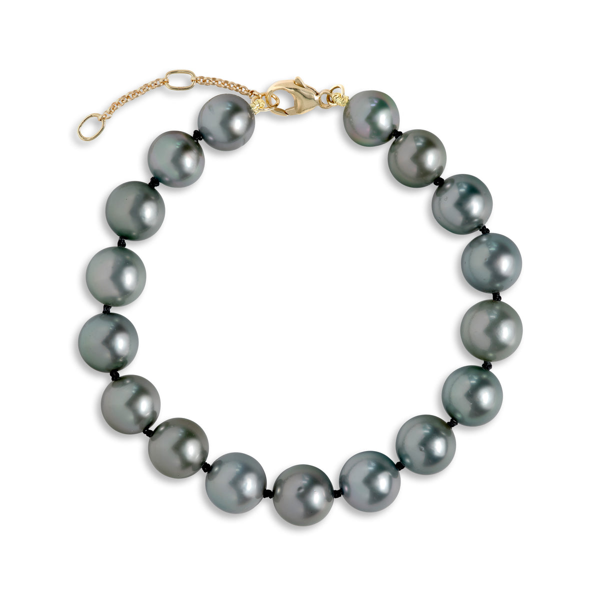 A Tahitian Black Pearl Bracelet with 9-10mm Pearls with a 14k yellow gold lobster claw clasp and adjustable chain on a white background