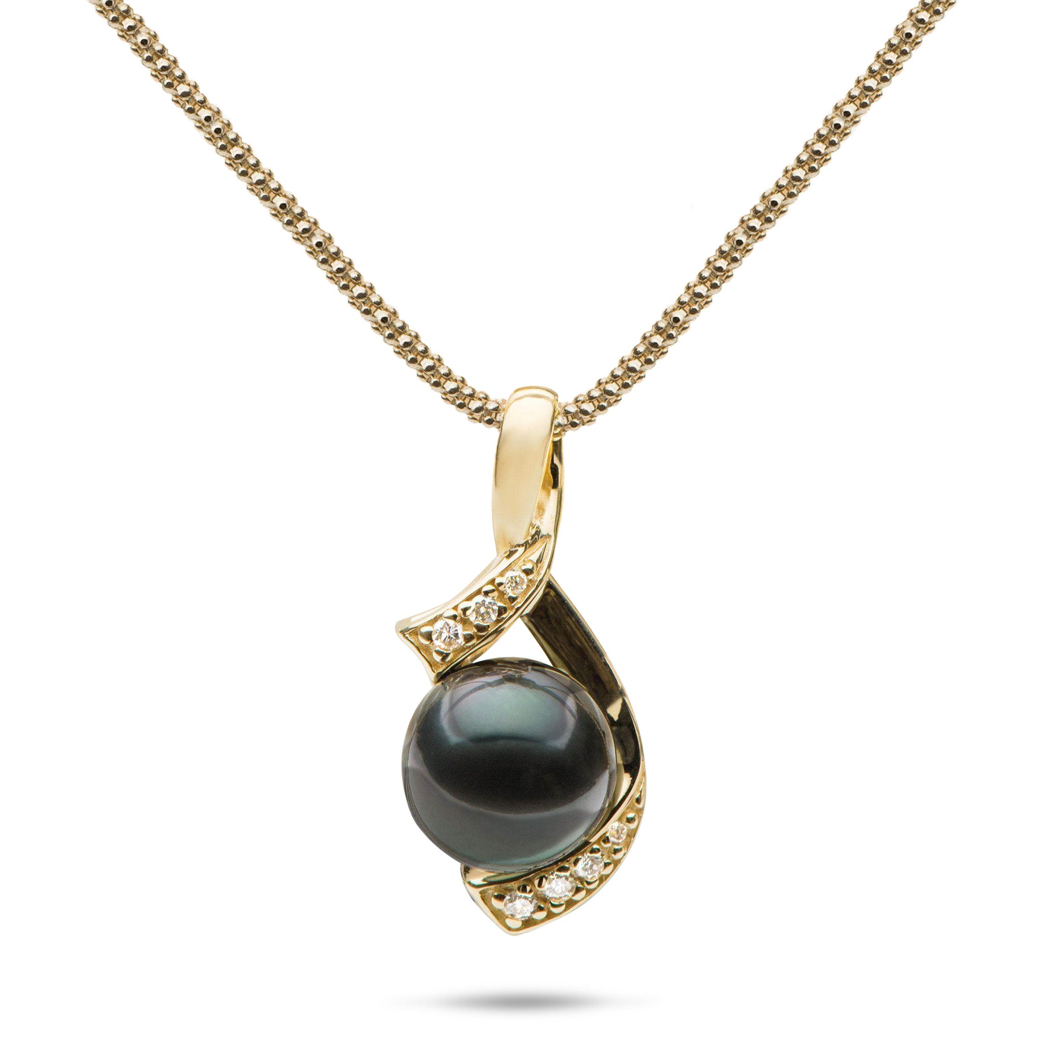 18" Tahitian Black Pearl Pendant Necklace in Gold with Diamonds - 10-11mm