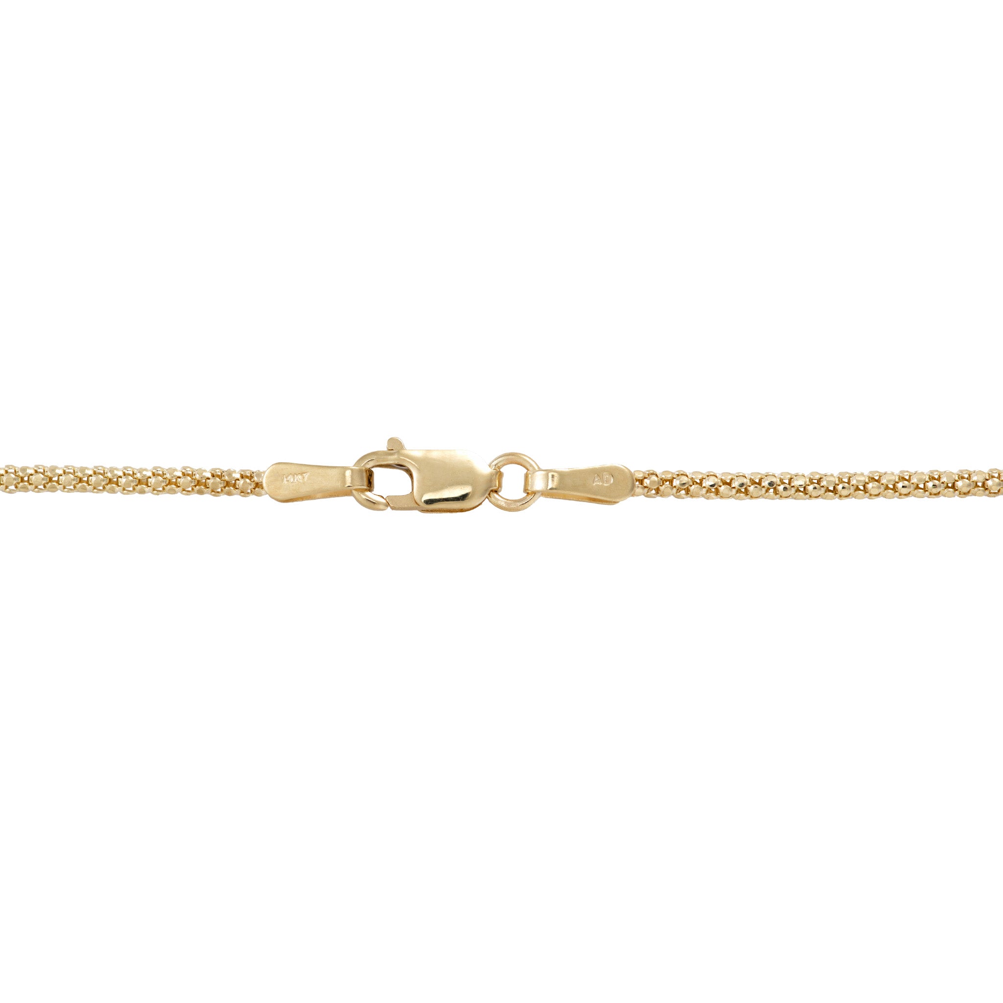 Detail shot of a 1.6mm popcorn chain with a lobster claw clasp