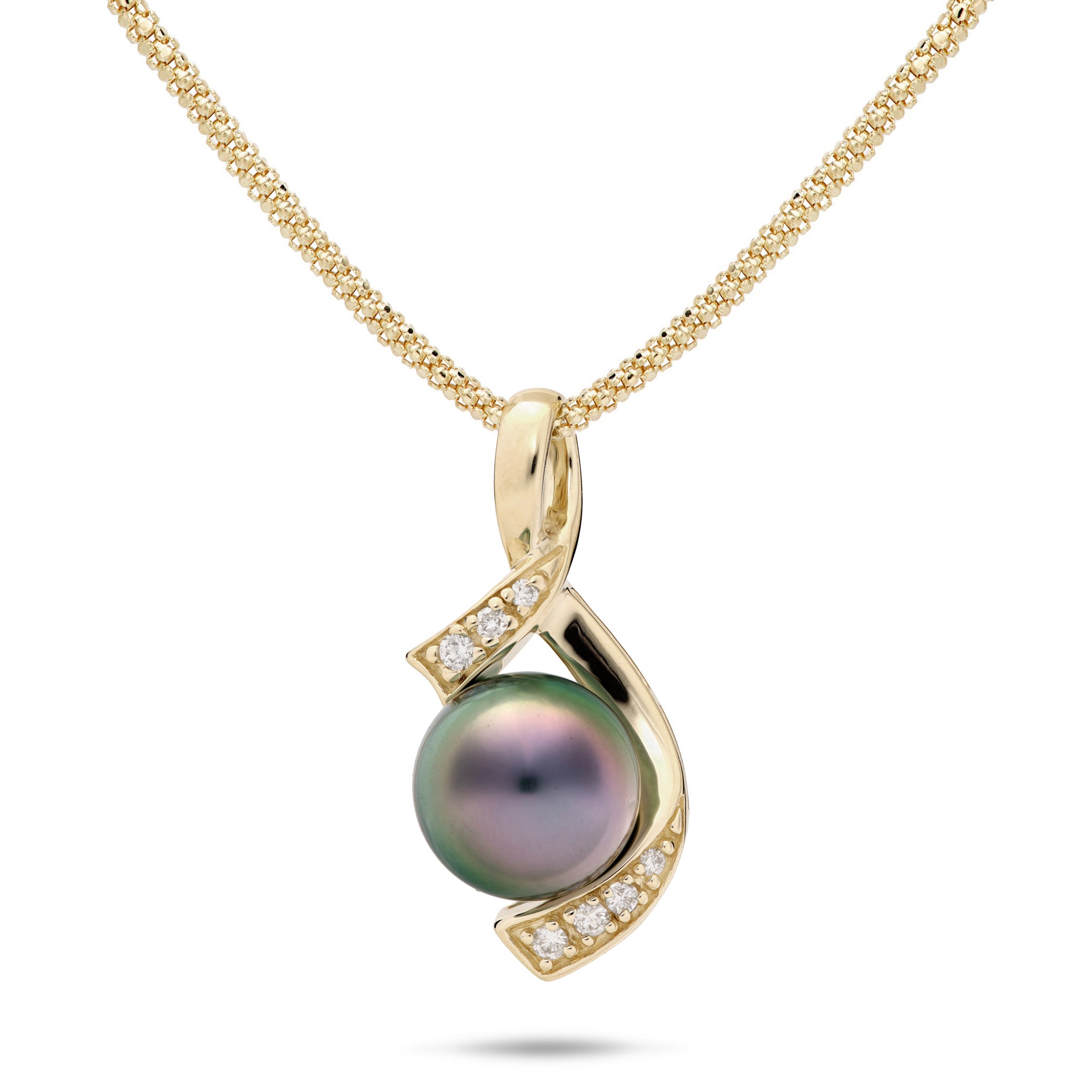 10-11mm Tahitian Black Pearl and Diamond Ribbon Style Pendant in 14k Yellow Gold on a 1.6mm Popcorn Chain against a white background