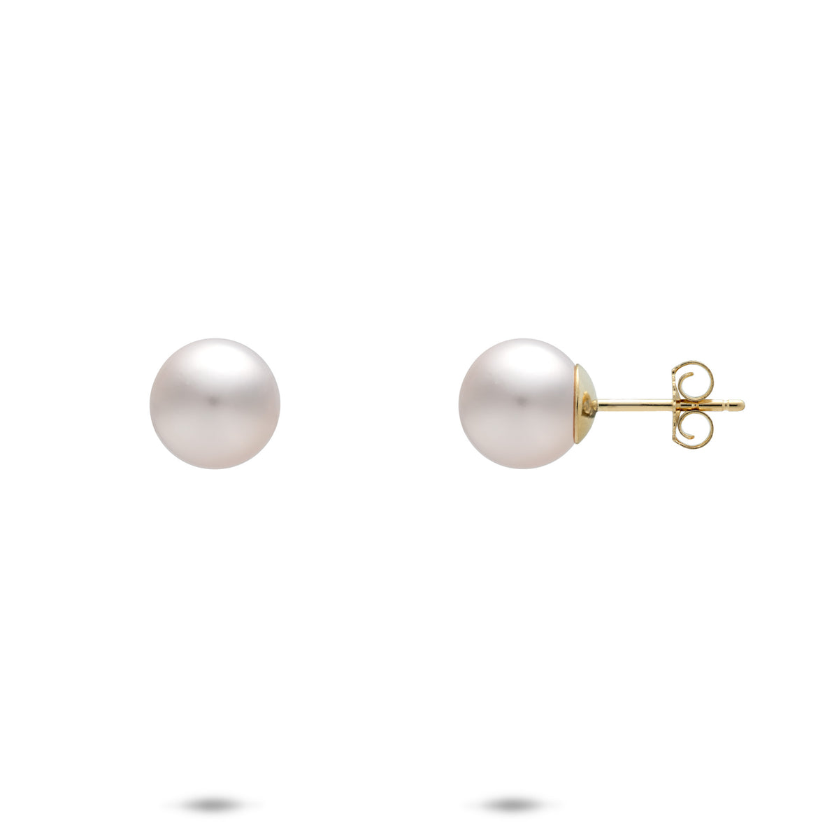 A pair of 14k yellow gold 8mm Akoya white pearl earrings shown with a front and side profile view of the butterfly backings on a white background