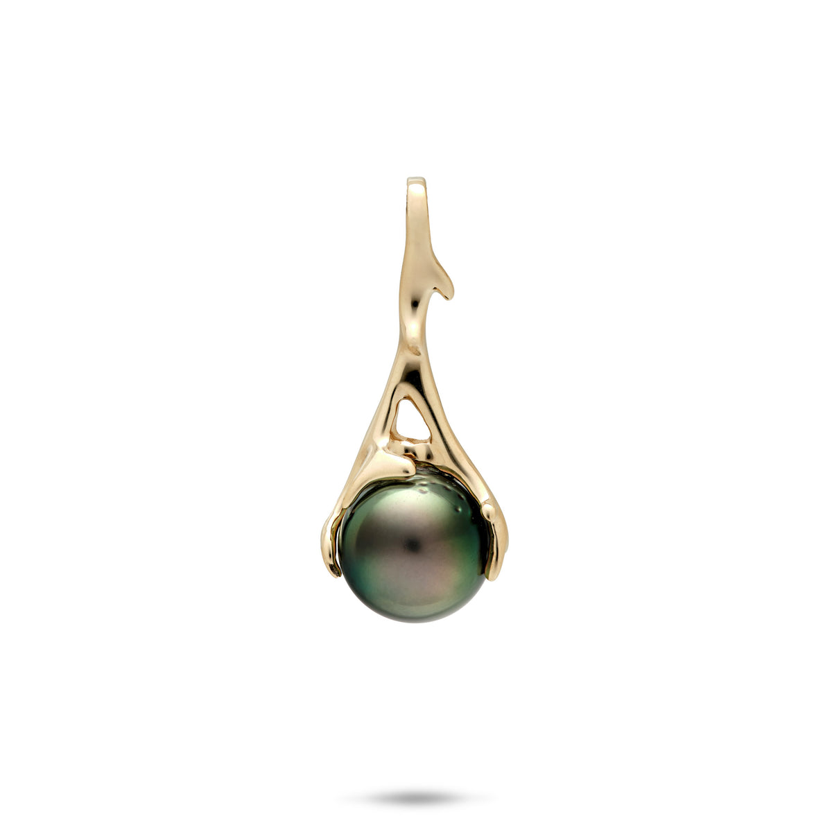 A vertical 14k yellow gold pendant featuring a Tahitian black pearl wrapped in a coral-branch design, shown against a plain white background.