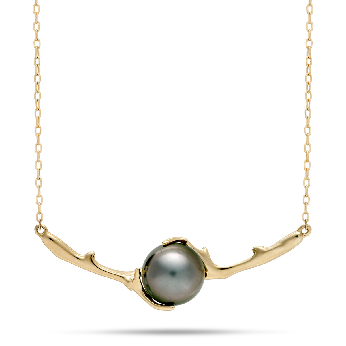 A 14k yellow gold lavalier necklace with a bar-style coral branch design with a Tahitian black pearl at the center, shown on a white background