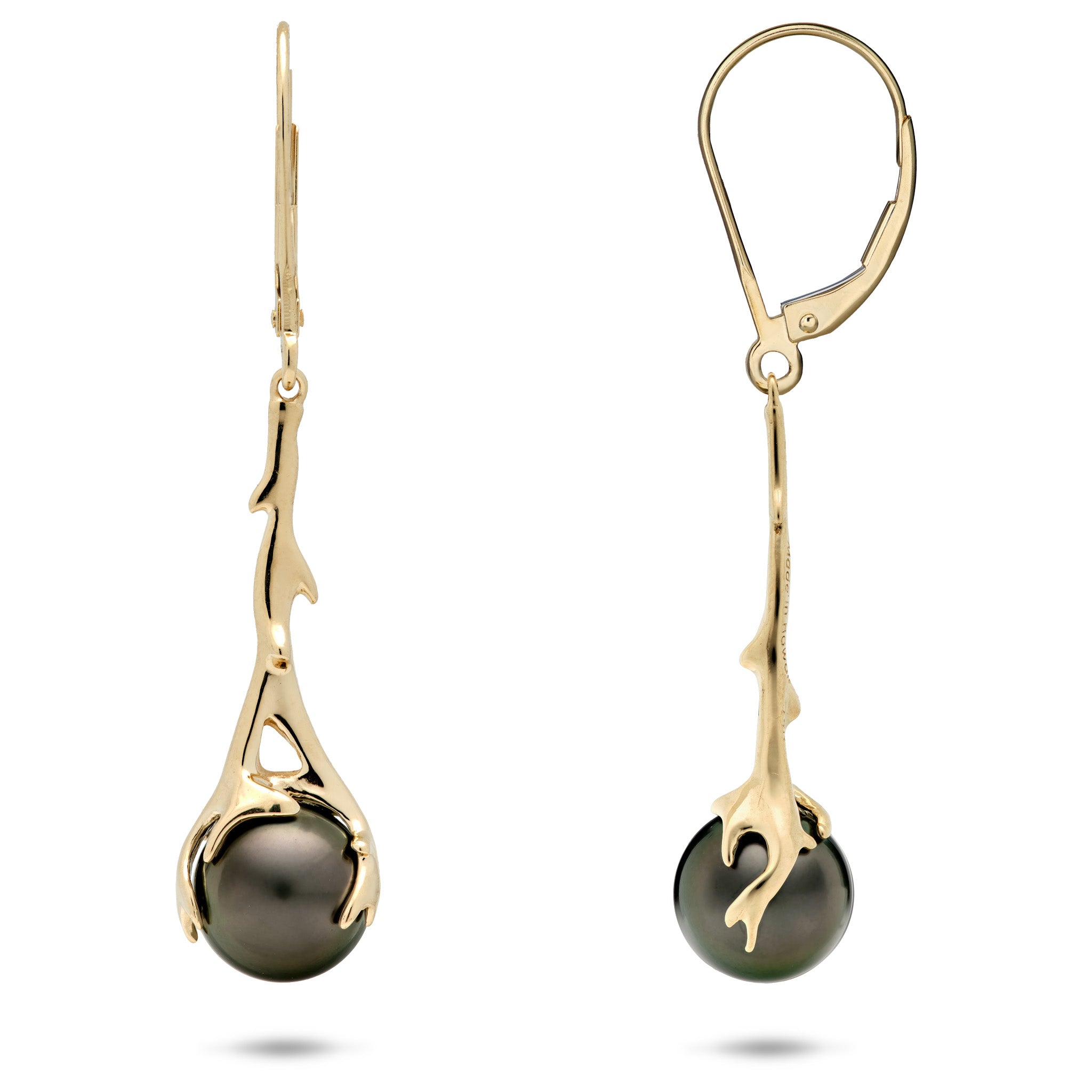 Heritage Tahitian Black Pearl Leverback Earrings in Gold - 9-10mm