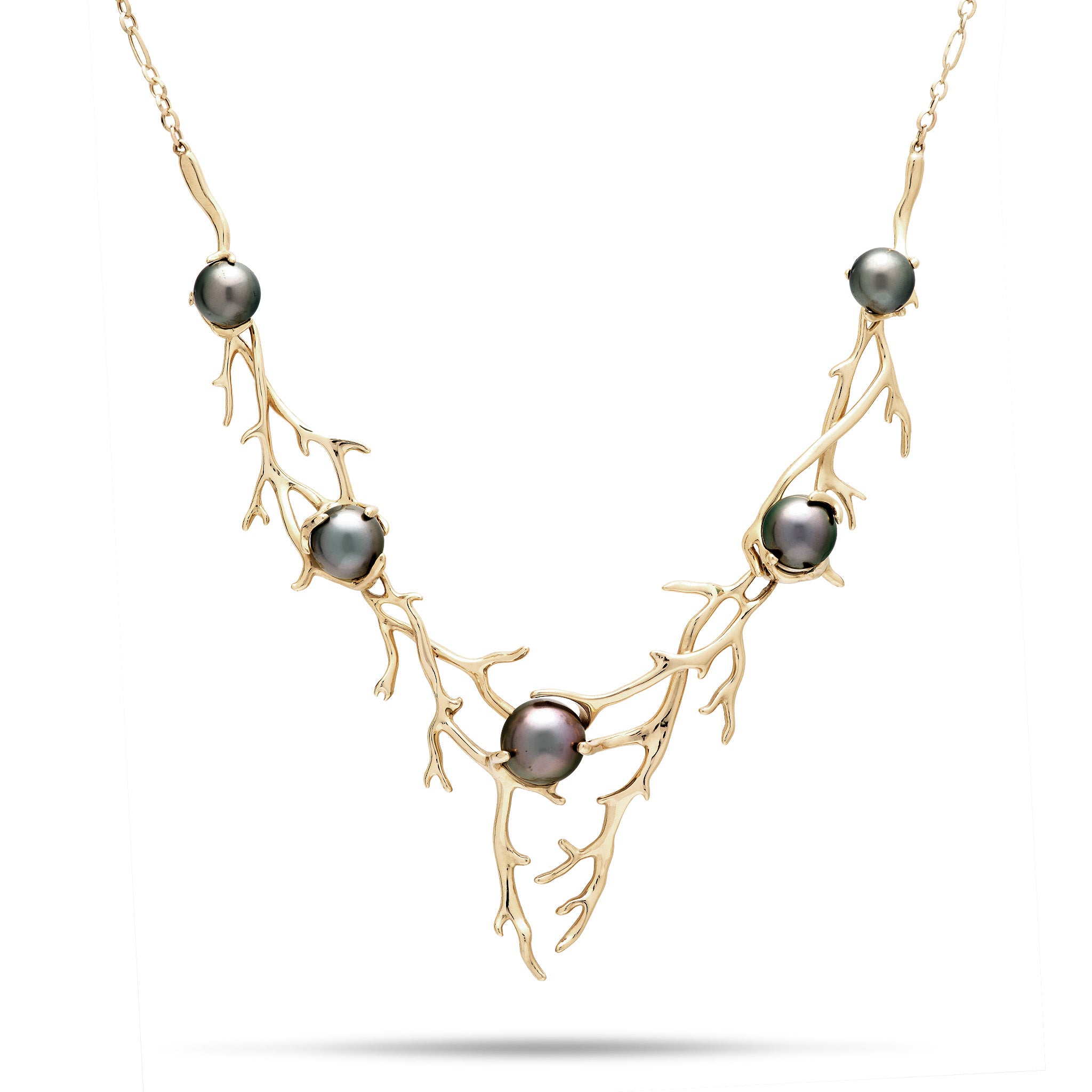 Heritage Collection Hawaiian Coral Branch-Inspired Necklace with five Tahitian pearls in 14k Yellow Gold on a white background