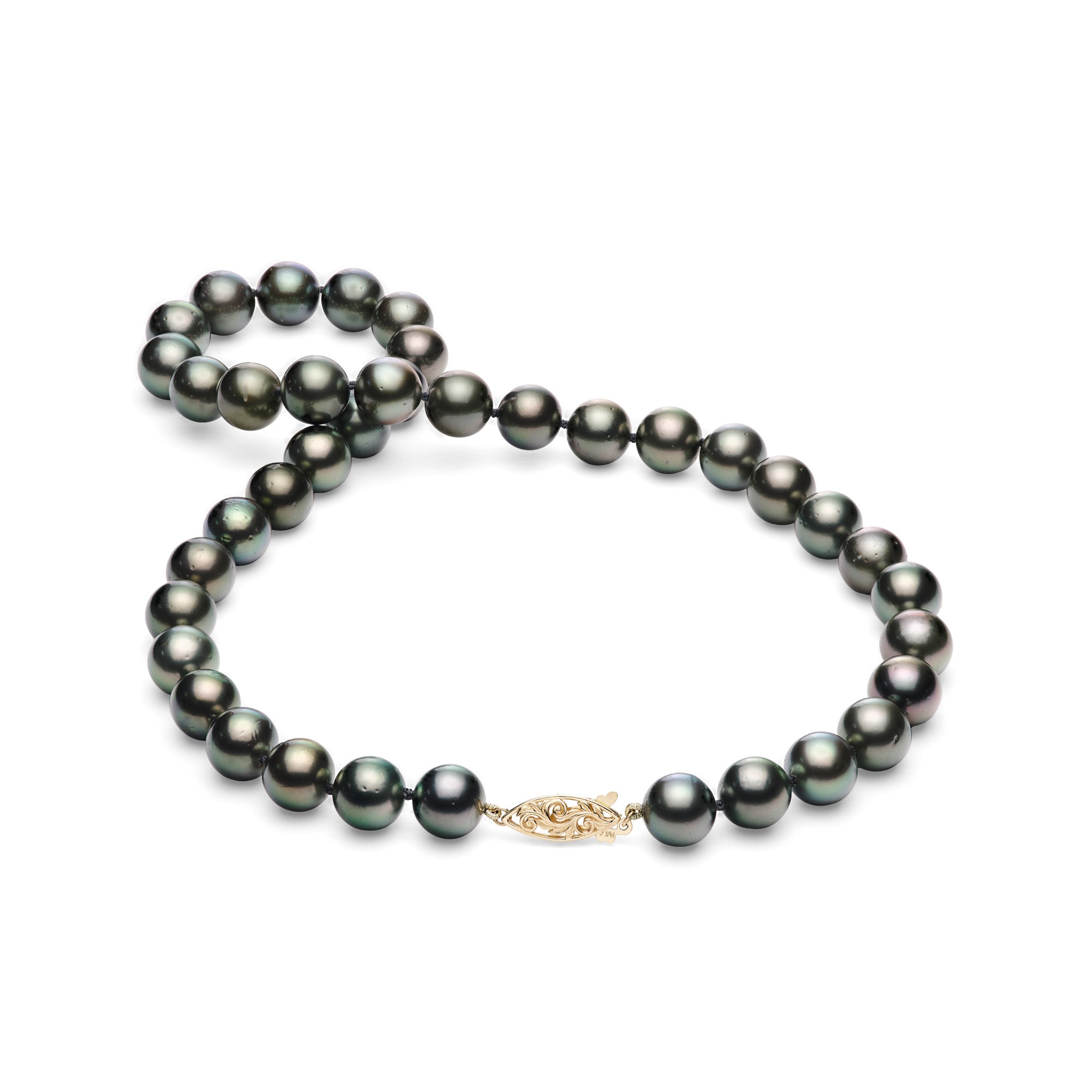 Graduated 10-11mm 17-18" Tahitian Black Pearl Strand with Living Heirloom style Clasp on a white background