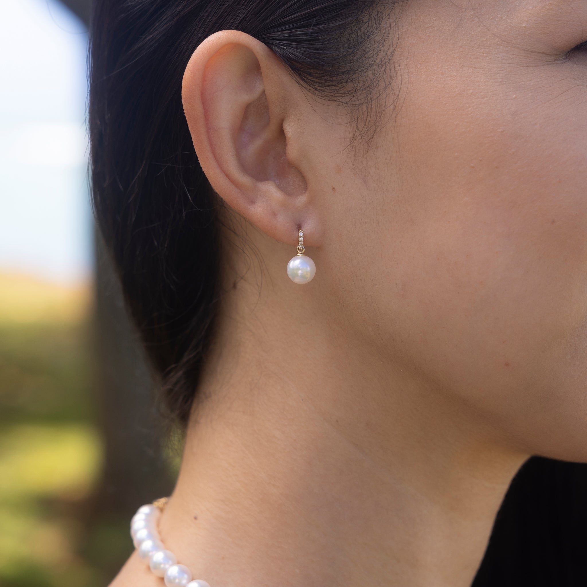 Akoya Pearl Earrings in Gold with Diamonds - 8mm