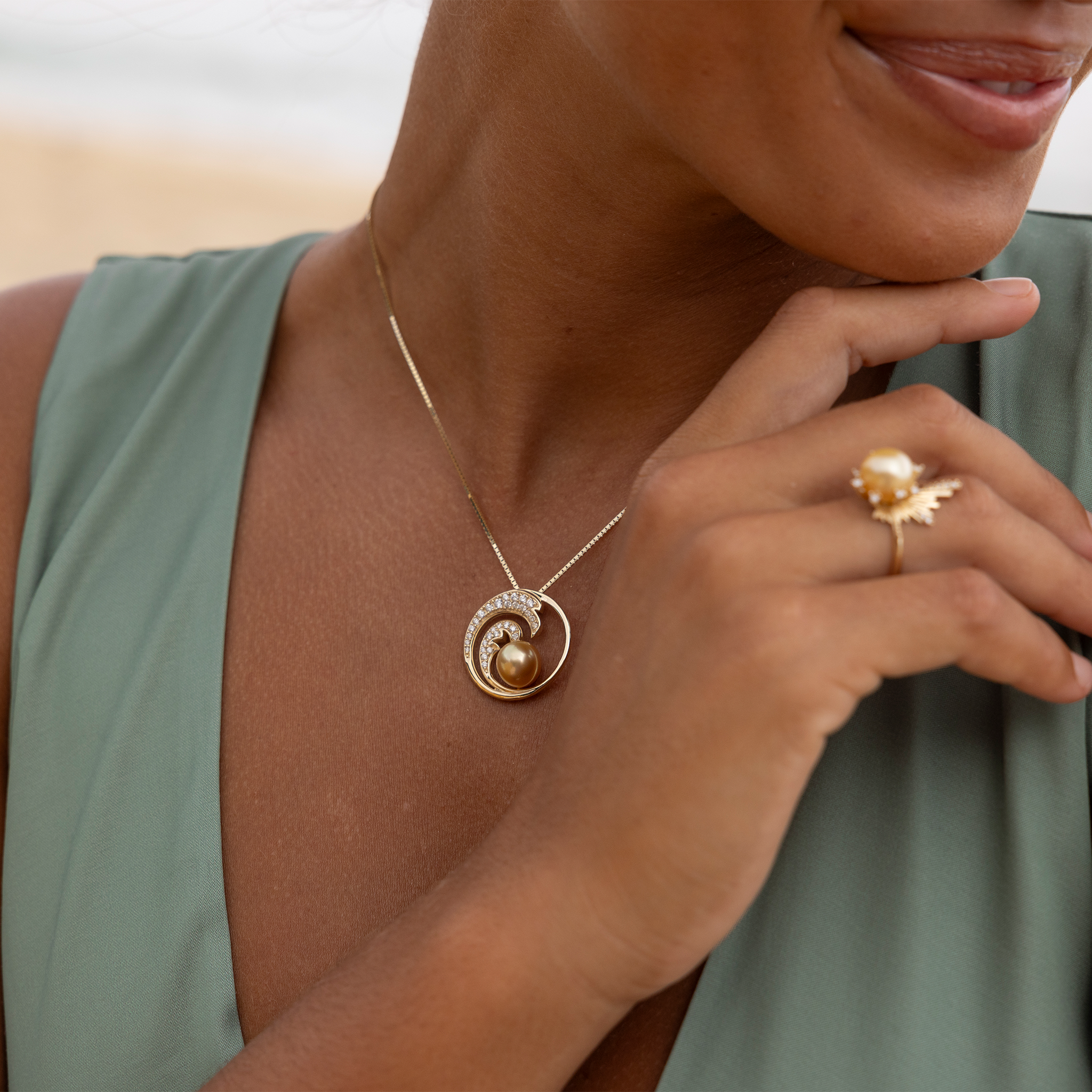 Nalu South Sea Gold Pearl Pendant in Gold with Diamonds - 24mm